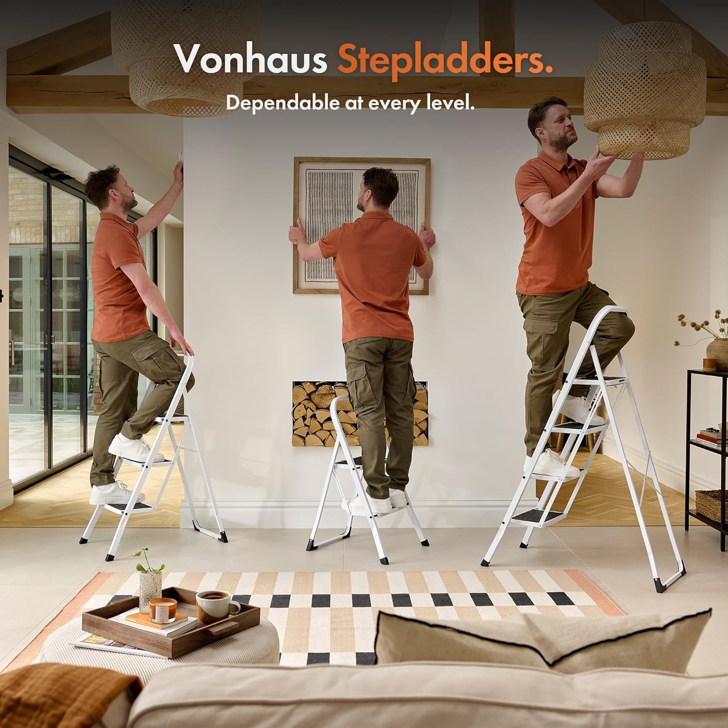 VonHaus Step Ladder – Premium Quality Folding Step Ladder for DIY and Gardening - Durable Steel Step Ladder - Easy to Store Step Ladders, 150KG Max Capacity (White, 2 Step)
