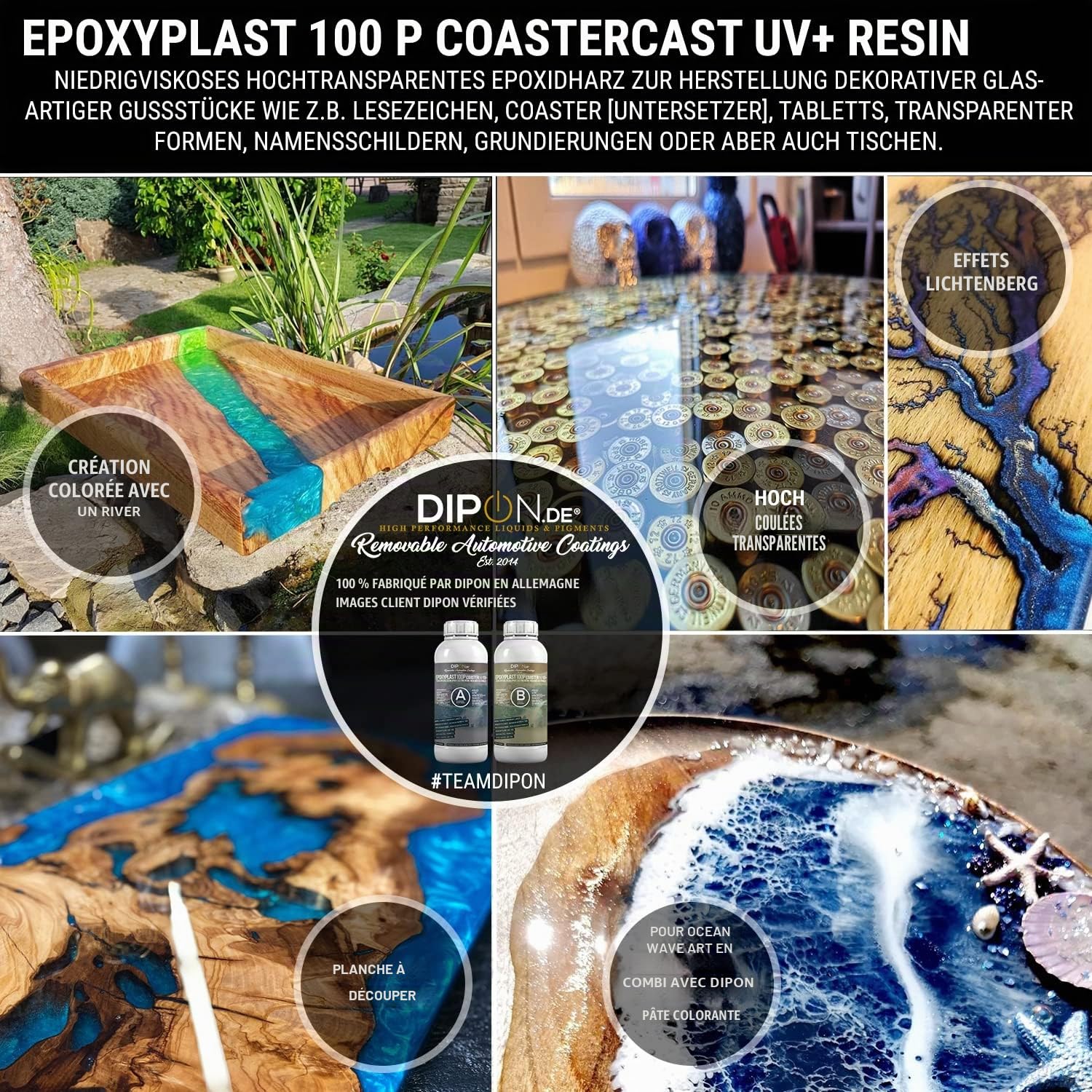 Résine époxy Plast 100P CoasterCast UV + 6,0 kg I Verre transparent & sans bulles I Protection UV maximale I Sans BPA non toxique I Convient pour les marque-pages en résine Art Pendentif Sous-verre