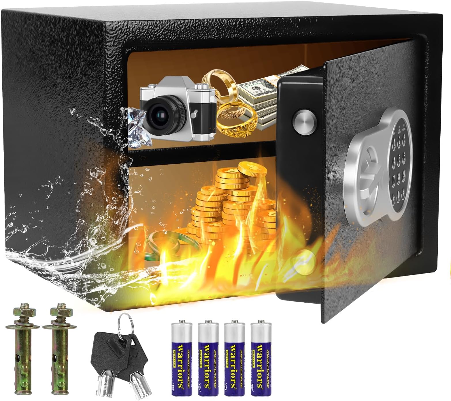 Security Safe Box, Black Steel Electronic Digital Home Safe Box with Key and Combination Keypad, 25 * 30 * 25 cm, Money Box for Hidden Wall Safes home, Hotel, Office Buiness