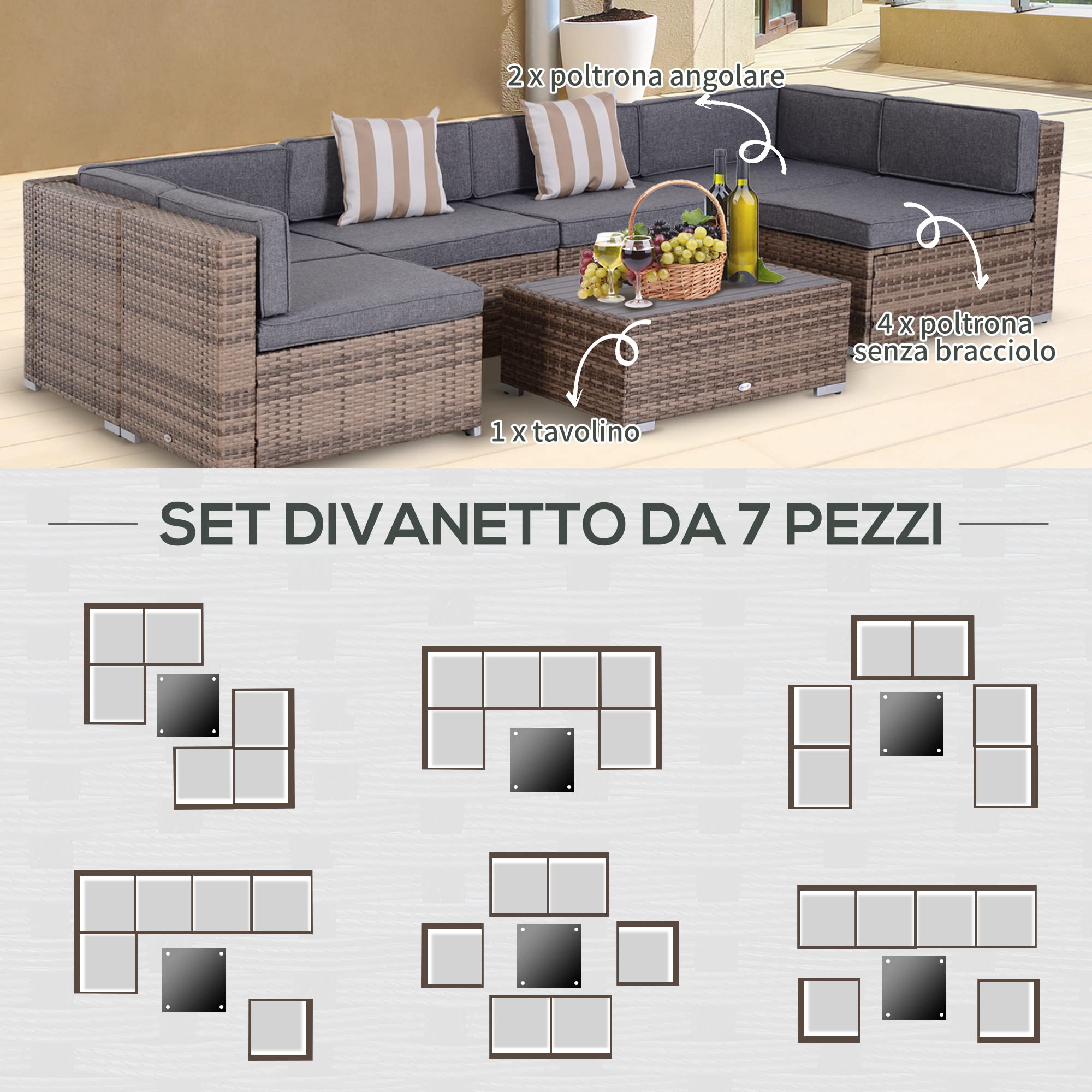 Outsunny Salotto da Giardino Esterno in Rattan da 7 Pezzi, Set di Mobili con Tavolino e Divano Modulabile con Cuscini, Grigio