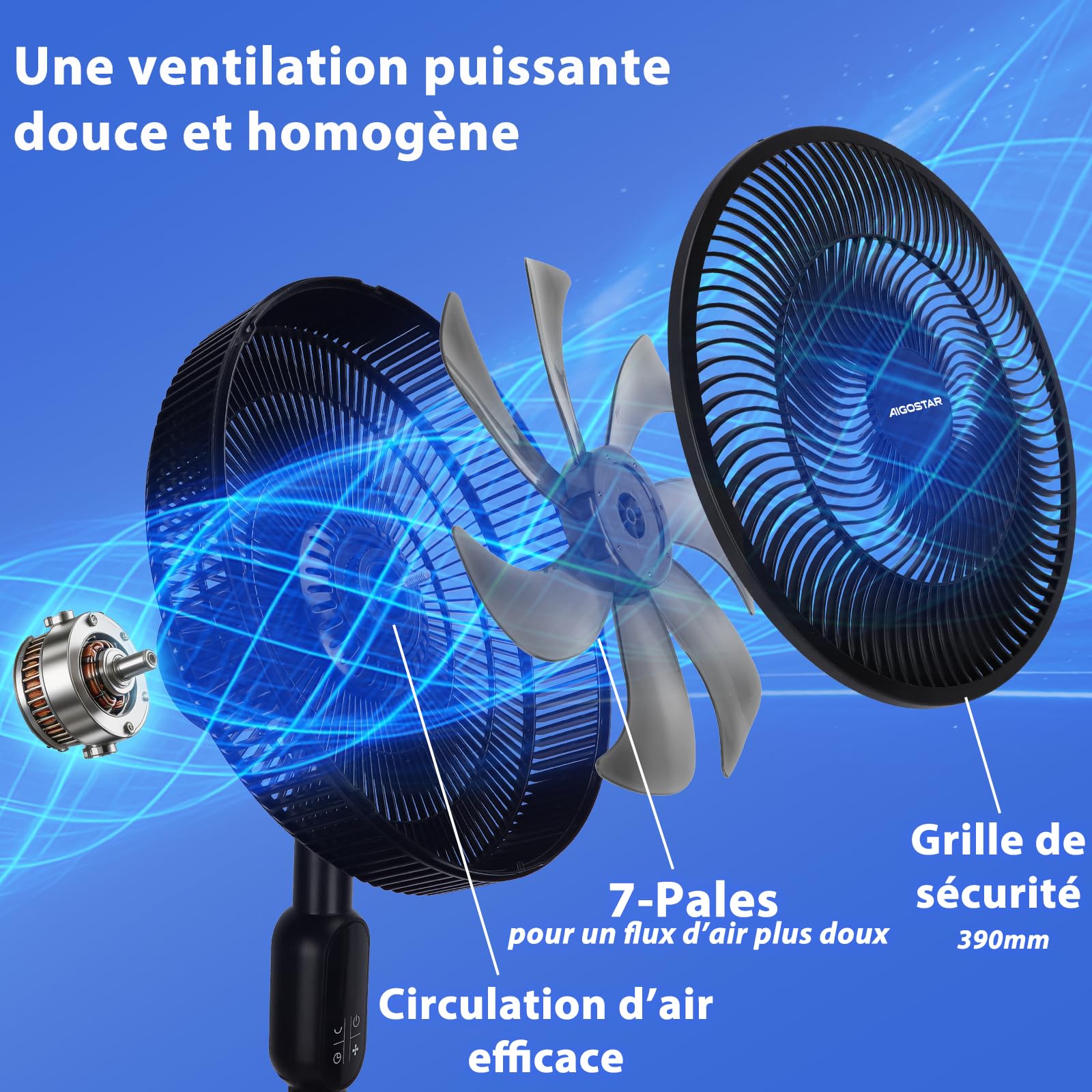 Aigostar Ventilateur sur Pied Silencieux 28dB avec Télécommande, 7 Pales Ventilateur Puissant, Oscillation 120°, Hauteur Réglable 91-125cm, Minuterie 12H, 3 Vitesses/Modes, pour Chambre Salon