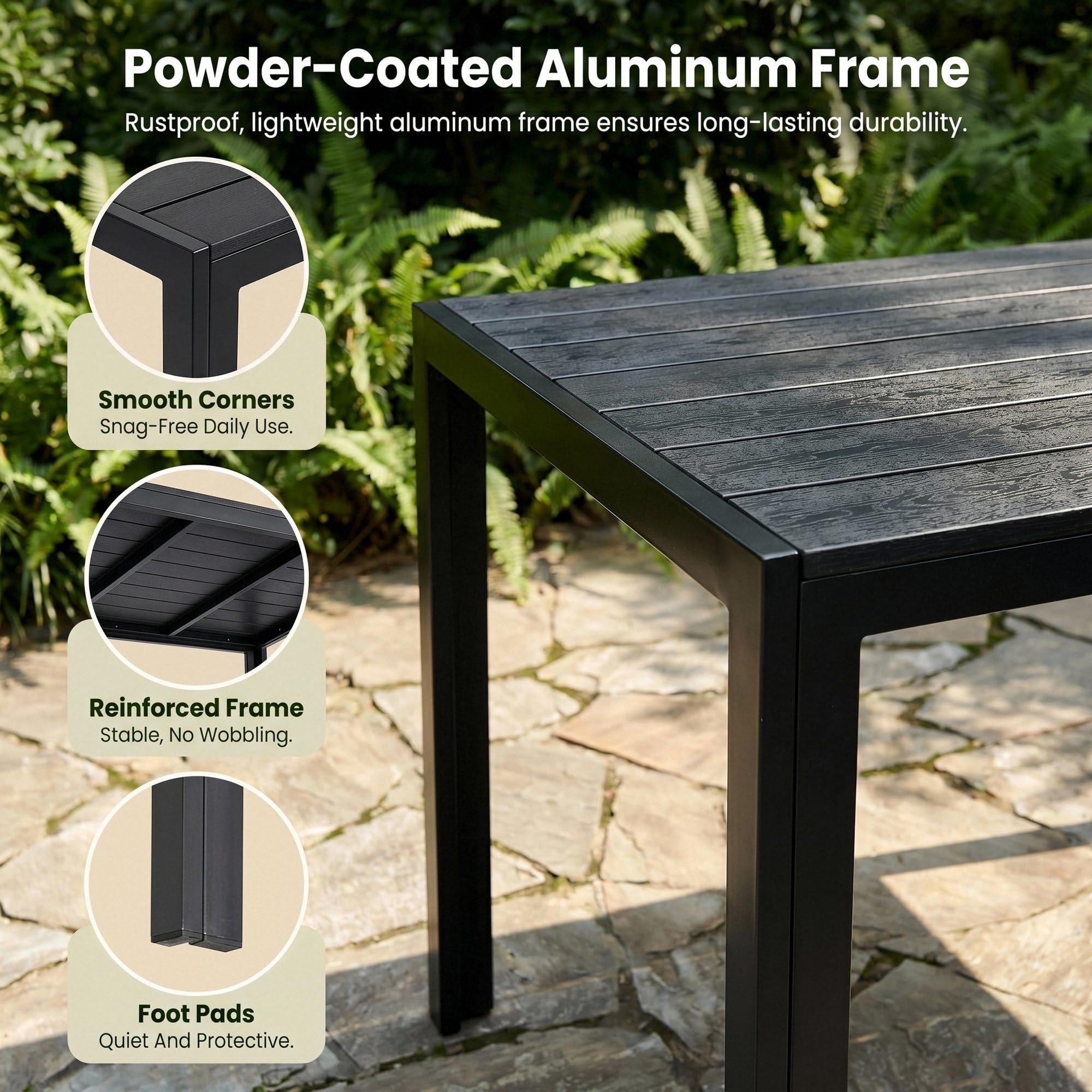LIFERUN Gartentisch Wetterfest 110x70 cm WPC, Balkontisch Aluminium | Rechteckiger Terrassentisch, Rutschfester Esstisch Garten für 4-6 Personen, Brettbreite 9cm, Schwarz