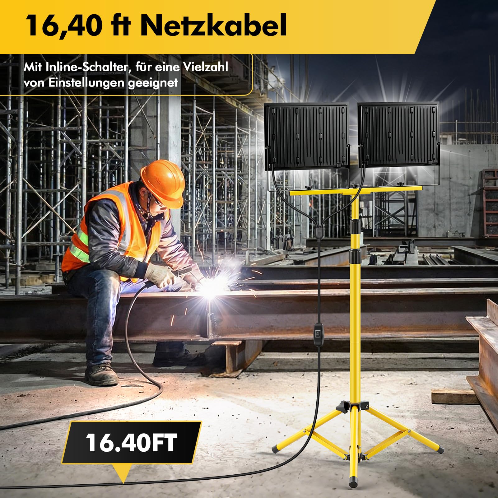 Viugreum Foco de Trabajo LED de 400W con Trípode y Mando Distancia, Foco de Seguridad Regulable de 6500K con 2 Cabezales Ajustables, Altura Máxima de 185cm, IP66, Foco Portátil con Enchufe y 5m Cable