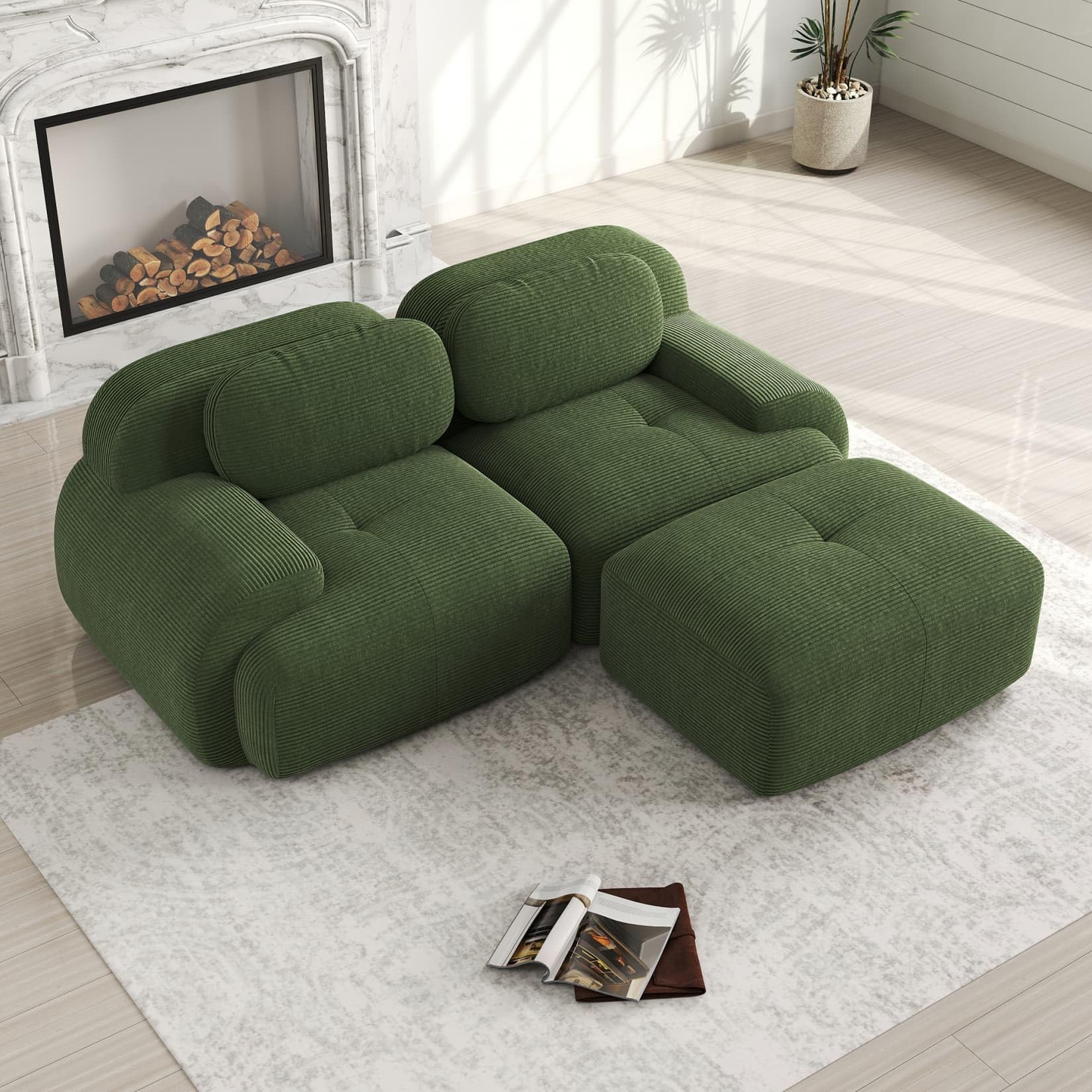Canapé 2 Places en Velours Côtelé,Canapé Modulable avec 1 Pouf | Accoudoirs Incurvés et Dessou Antidérapant,Rembourrage très élastique,aucun assemblage requis,pour Salon,Chambre