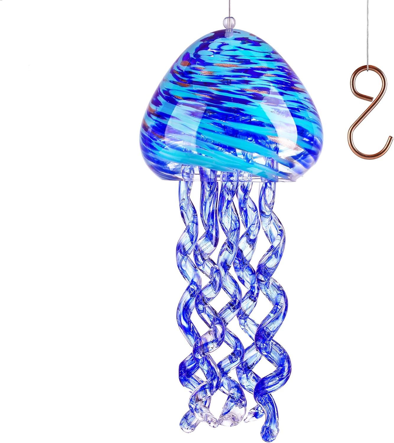 Sea Blown Glass Wind Chimes for Outside Blue Jellyfish Wind Chimes 23 Inch Ocean Beach Themed Chi...