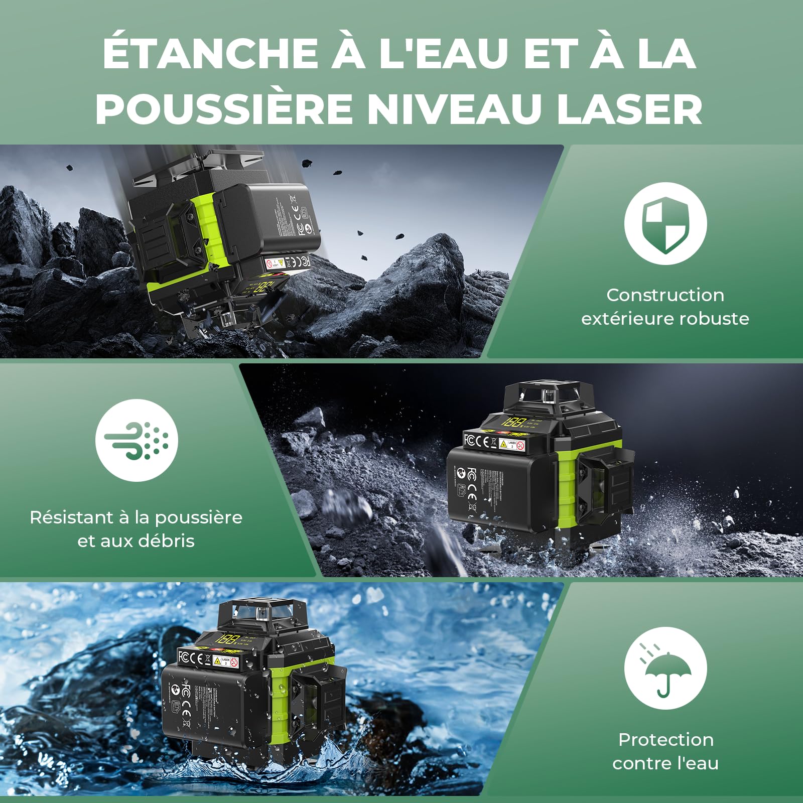 Niveau Laser Chantier Autonivelant 360° x 4, Lazer Niveaux 4D 16 Lignes Laser, Autonivellement et Mode Pulsé Extérieur, 2 x Batterie, Nivellement Automatique, Support Rotatif, Télécommande, Trépied