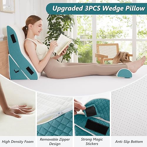 Miniatura 3 de Juego de 3 almohadas de cuña de cama para dormir, almohada triangular de 16.5 pulgadas de ancho para aliviar el dolor de espalda y piernas con funda