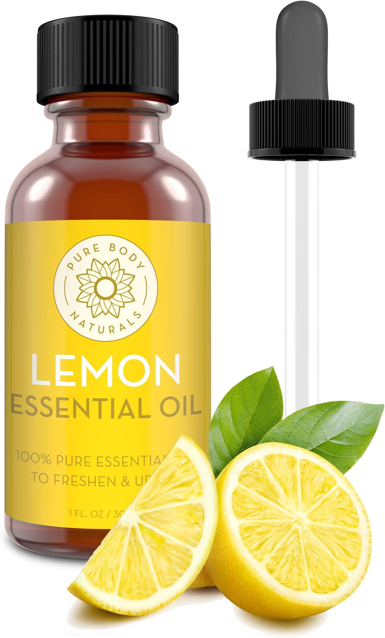Pure Body Naturals Lemon Essential Oil, 1 fl oz - 100% Pure & Undiluted Lemon Oil for Diffuser and DIY - Natural Deodorizer, Laundry Freshener, Household Cleaner and Degreaser