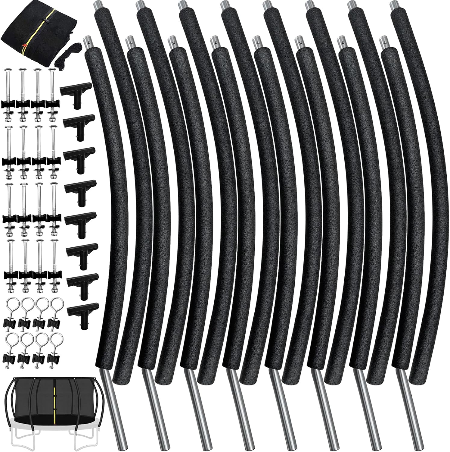 10Ft 8 Pcs Trampoline Curved Poles Replacement with Enclosure Net, Trampoline Curve Pole, Plastic T Connector, Fiberglass Rods, Mounting Hardware, Foam Padding