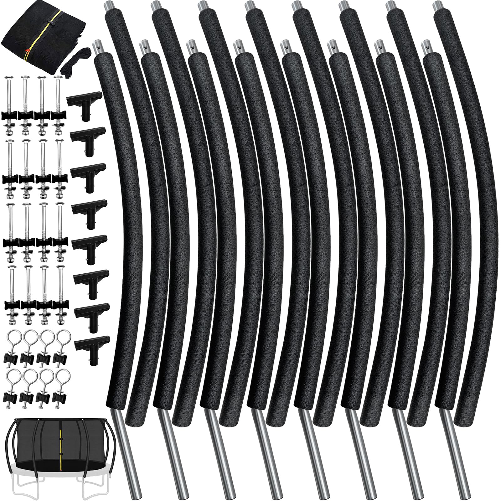 14Ft 8 Trampoline Curved Poles Replacement with Enclosure Net, Trampoline Curved Pole, Plastic T Connector, Fiberglass Rods, Mounting Hardware, Foam Padding