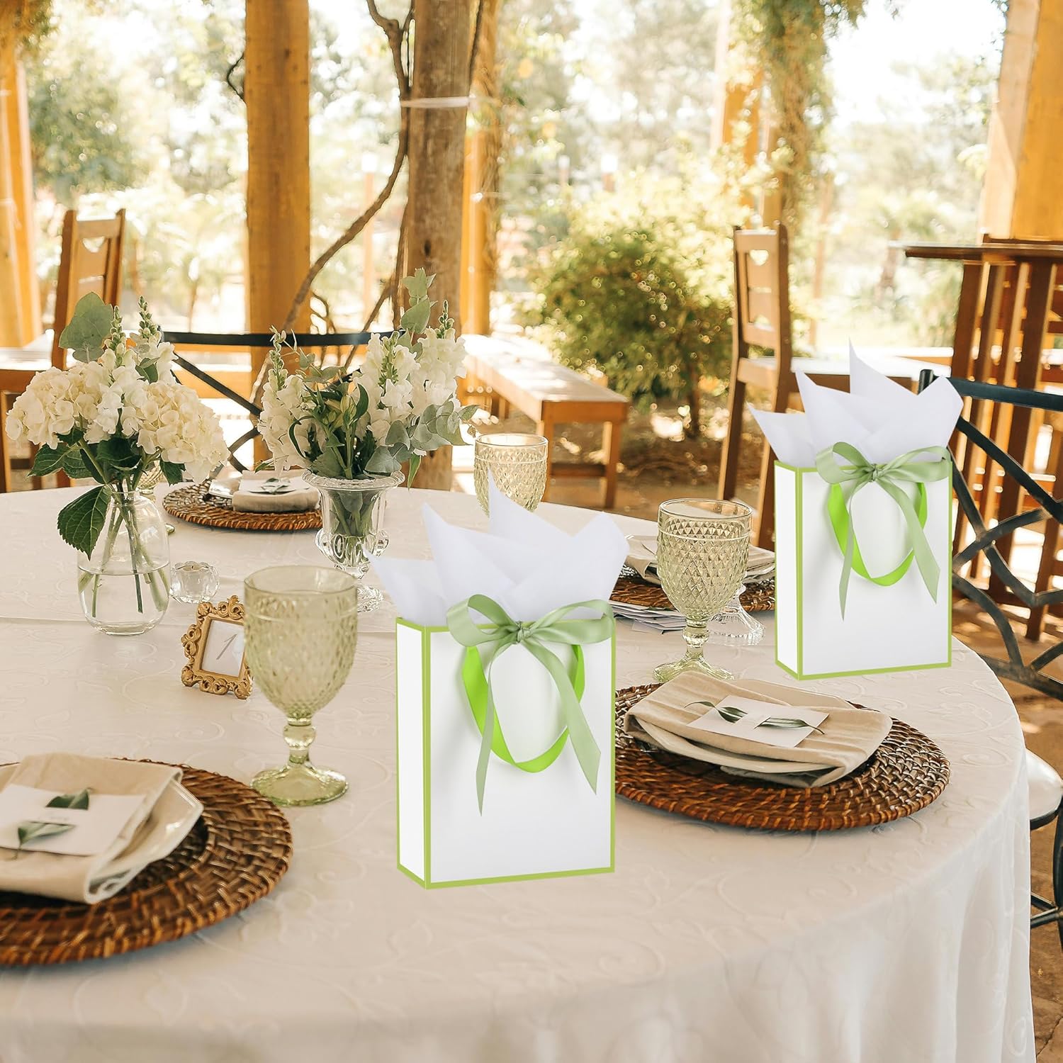 STOBOCTER 6 Pcs Thank You Gift Bags with Handles and Tissue Paper 9 x 7 x 3. 15'' Elegant Welcome Gift Bags with Bow Ribbon for Wedding Bridal Baby Shower Anniversary Birthday Party(White Sage Green) - Image 7