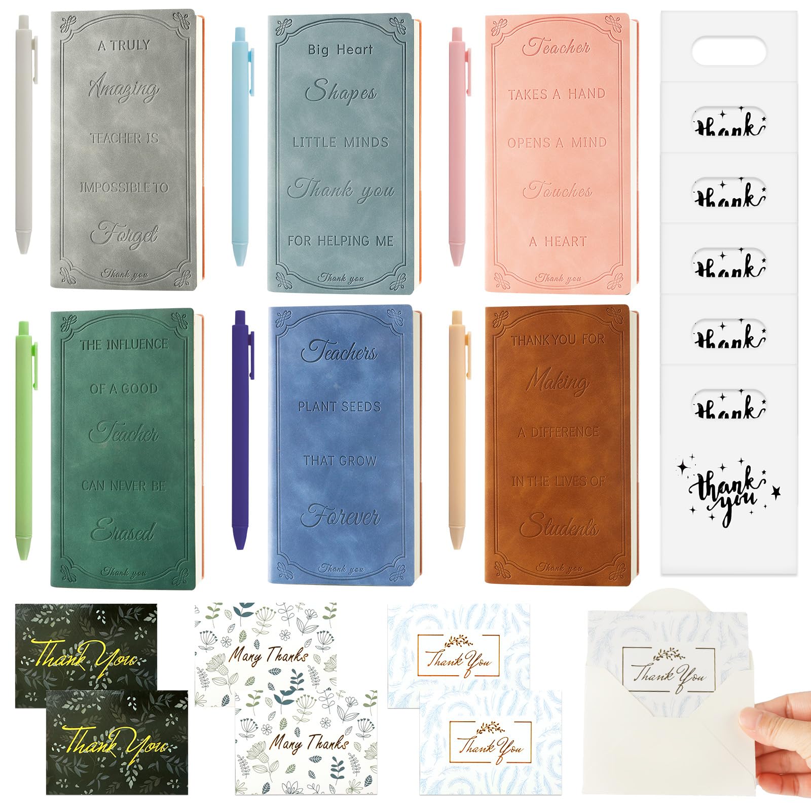 Thank You Teacher Gifts Set, Personalised Notebook Gifts for Women Men, Gift Teacher Multipack with Pen,6 Sets Thank You Cards with Envelopes for Nursery, Teaching Assistant, Teaching Graduation Gifts