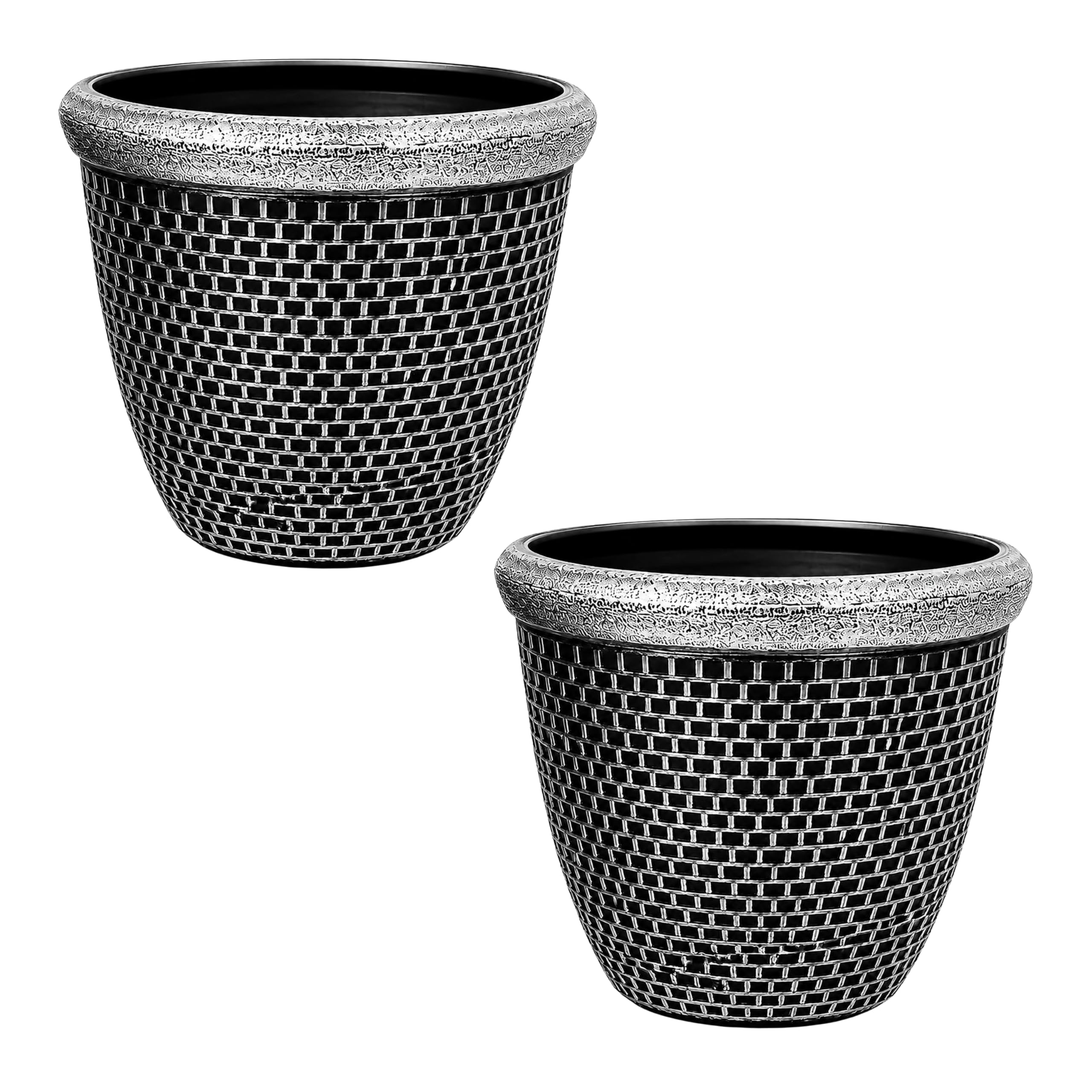 Outdoor Plant Pots with Drainage Holes – Medium & Large Plastic Round Cromarty Flower Pots | Patio Garden Decorating Planter Pot 31cm & 35.5cm Antique Silver, Weather & UV Resistant (2, Medium)