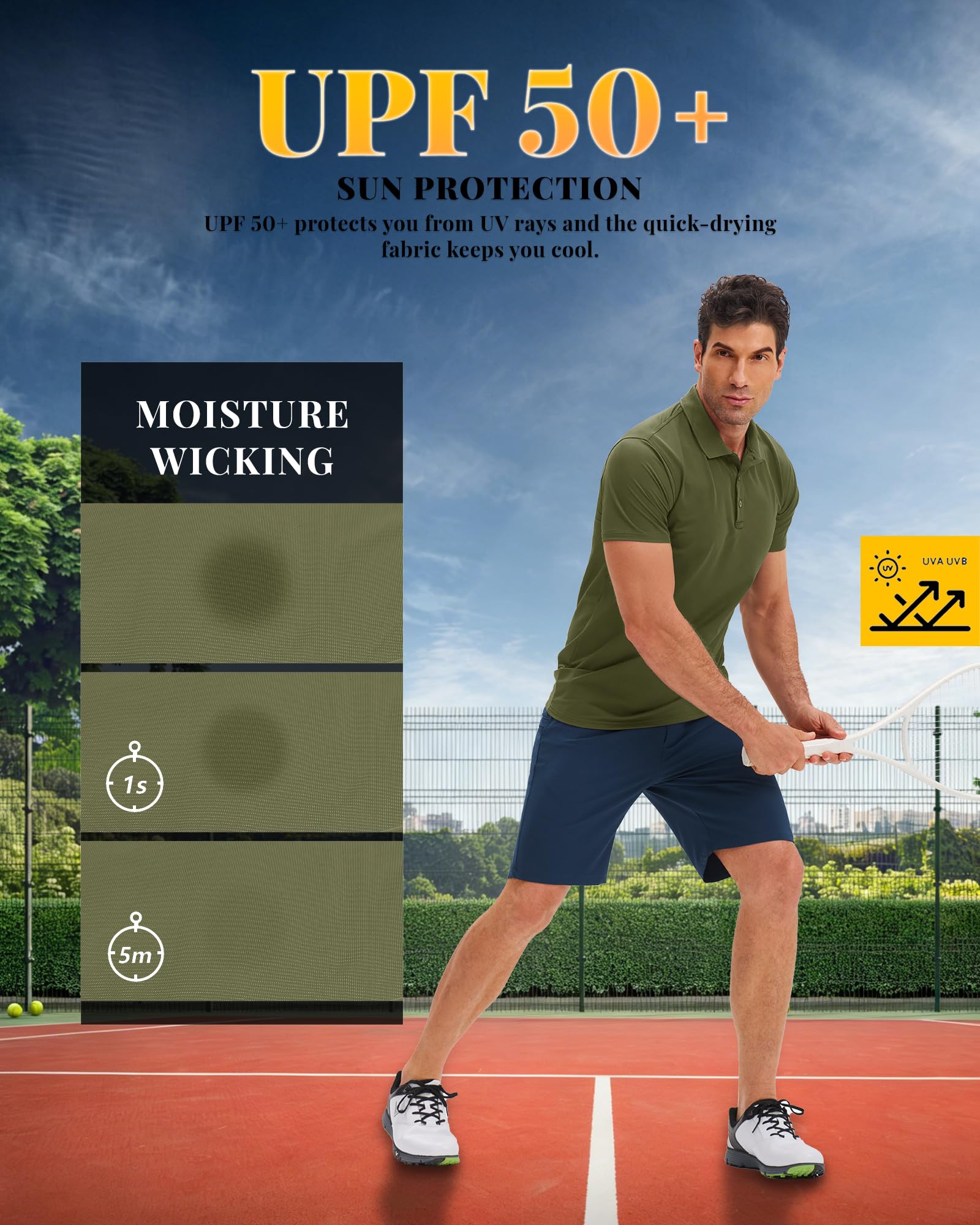33,000ft Polo de manga corta para hombre, polo de golf, absorbe la humedad, secado rápido, deportes al aire libre, atléticos, tenis