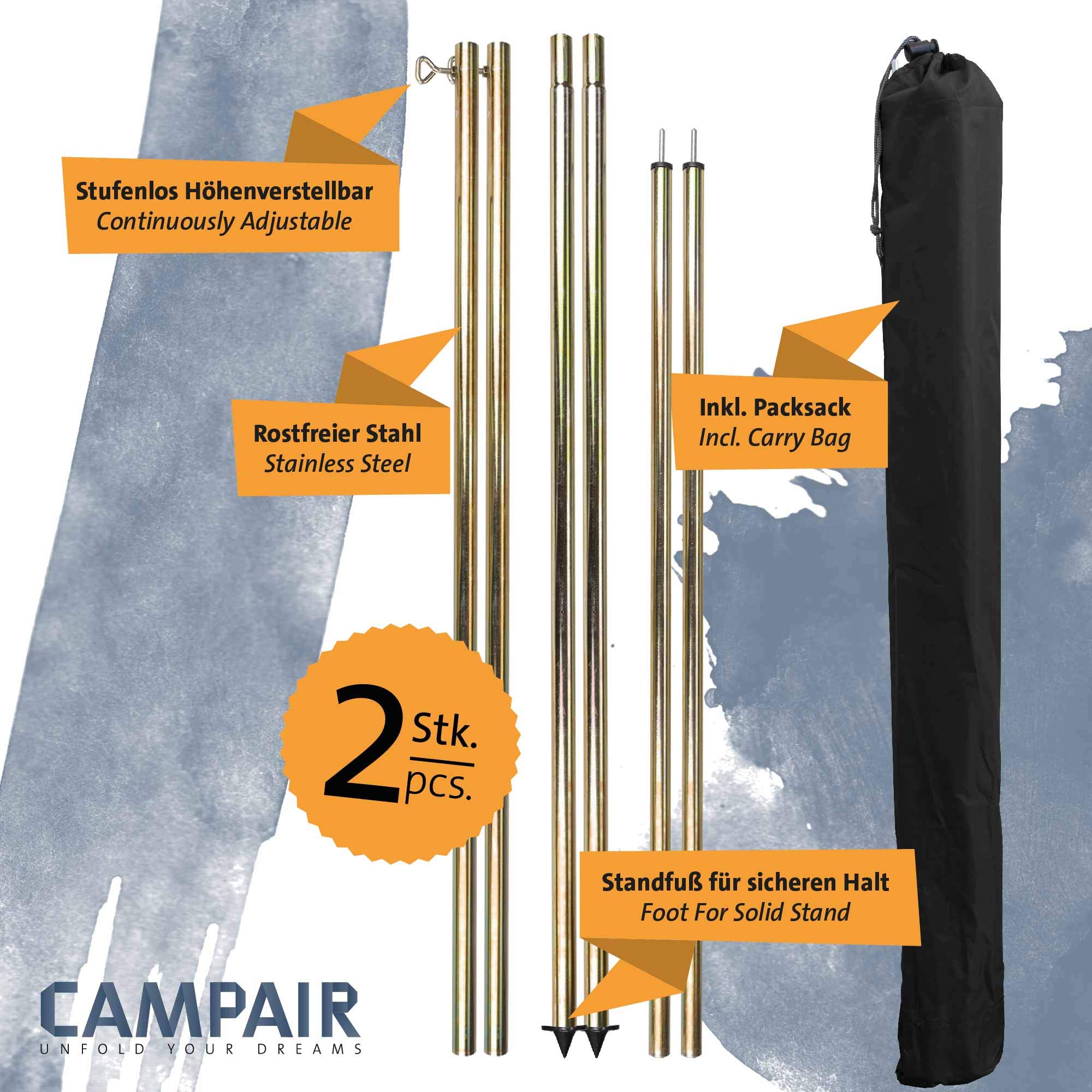 CampAir 2er Set Aufstellstange für Tarps, Vorzelte, Sonnensegel, Zelte Teleskopzeltstange, Gold