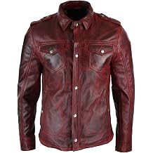Mens Maroon Western Trucker Jacket - Distressed Denim Style Shirt Collar Genuine Leather Jackets for Men