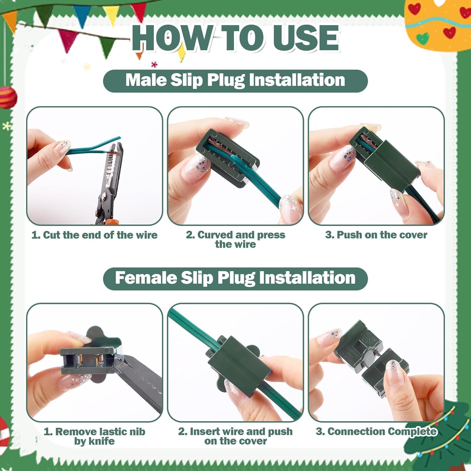 Fovths Christmas SPT-1 Electric Wire Set 250 Ft SPT-1 Zip Cord Wire 10 Male and 10 Female Vampire Plugs with Light Clips Green Electrical Light End Plug for Xmas Holiday Outdoor Indoor Lighting