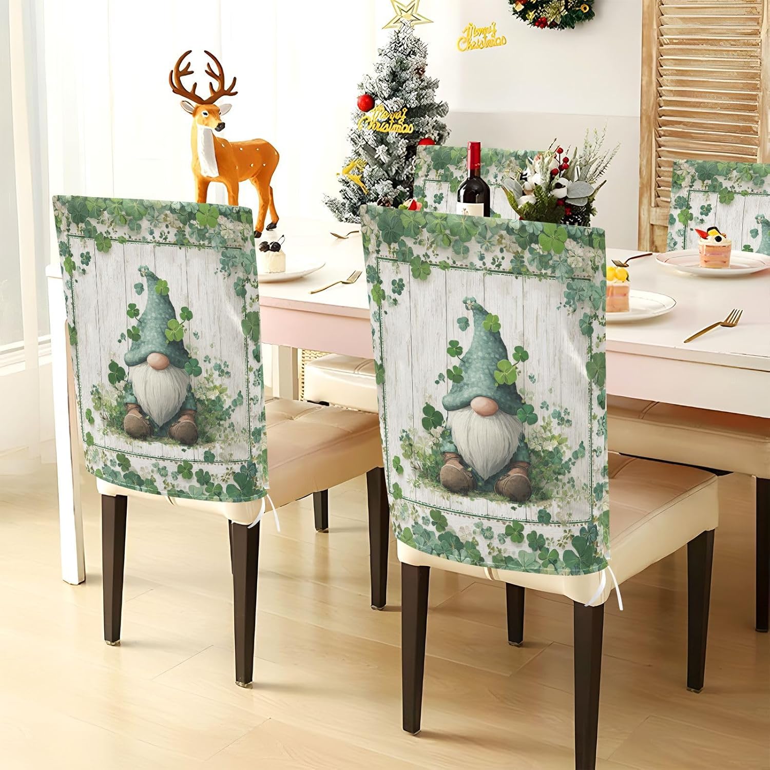ALAZA Vintage Gnome Clovers Chair Back Cover Set of 6, Washable Reusable Removable Chair Slipcovers Decorative Chair Cover for Home Kitchen Wedding Party