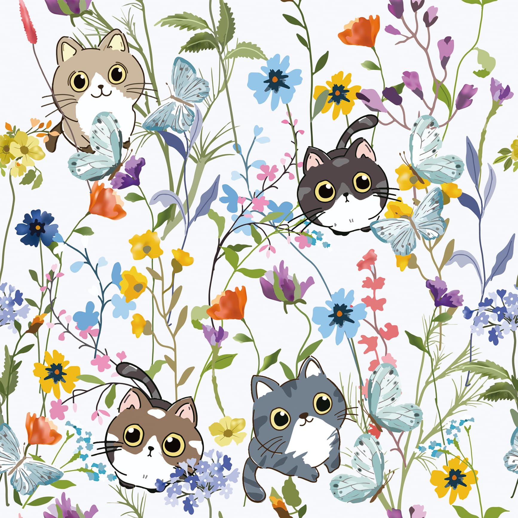 DacaiCloth Cute Cat Floral Peel and Stick Wallpaper, Self-Adhesive,Removable Wallpaper Wall Stickers for Home Bedroom Cabinets Thicken,17.3 x 118 inches