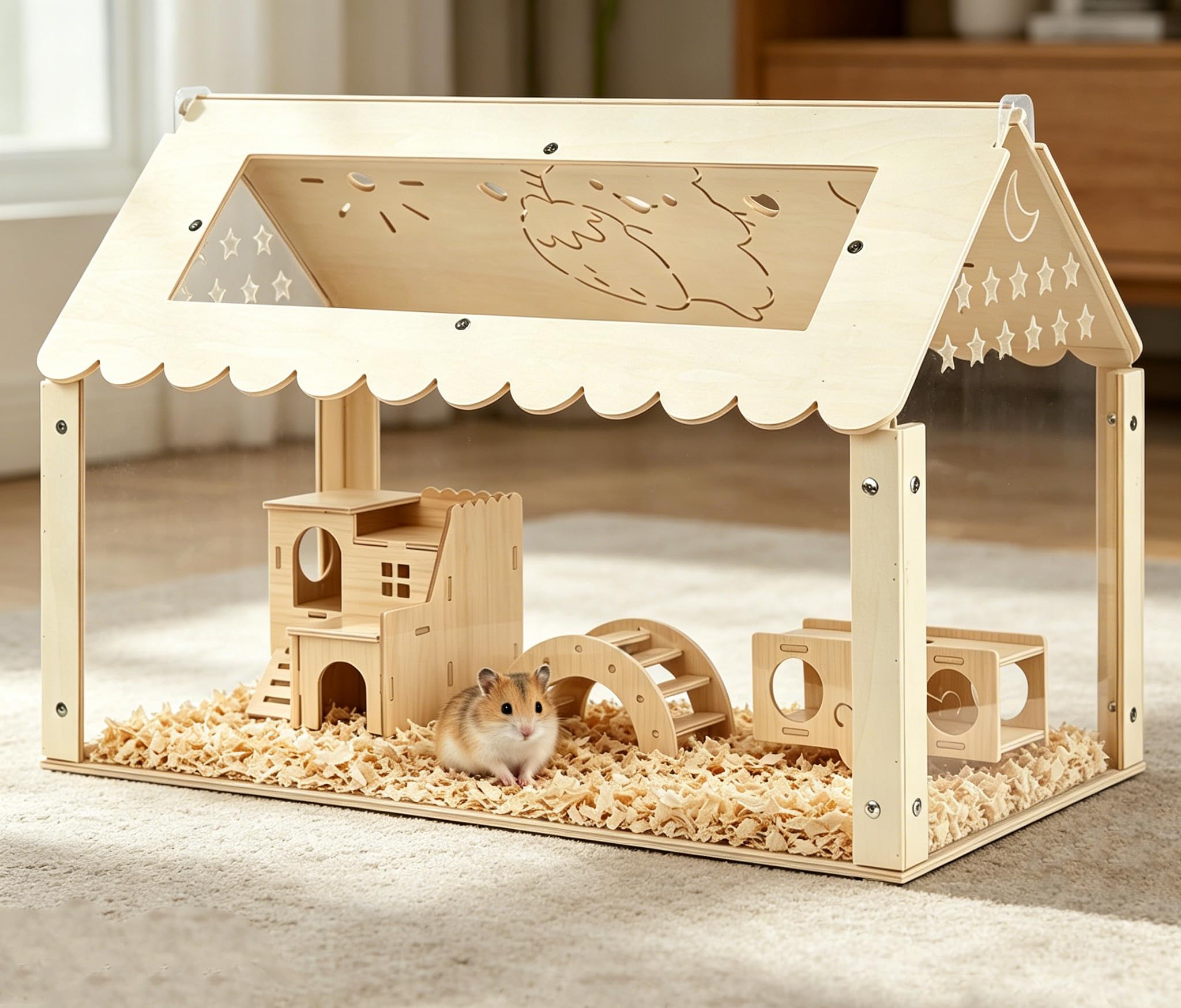 Gabbia per criceti, trasparente, per criceti, piccoli animali, 60 x 40 x 40 cm, gabbia in legno con nascondiglio in stile ville, grande impilabile per criceti siriani, roditori, topi