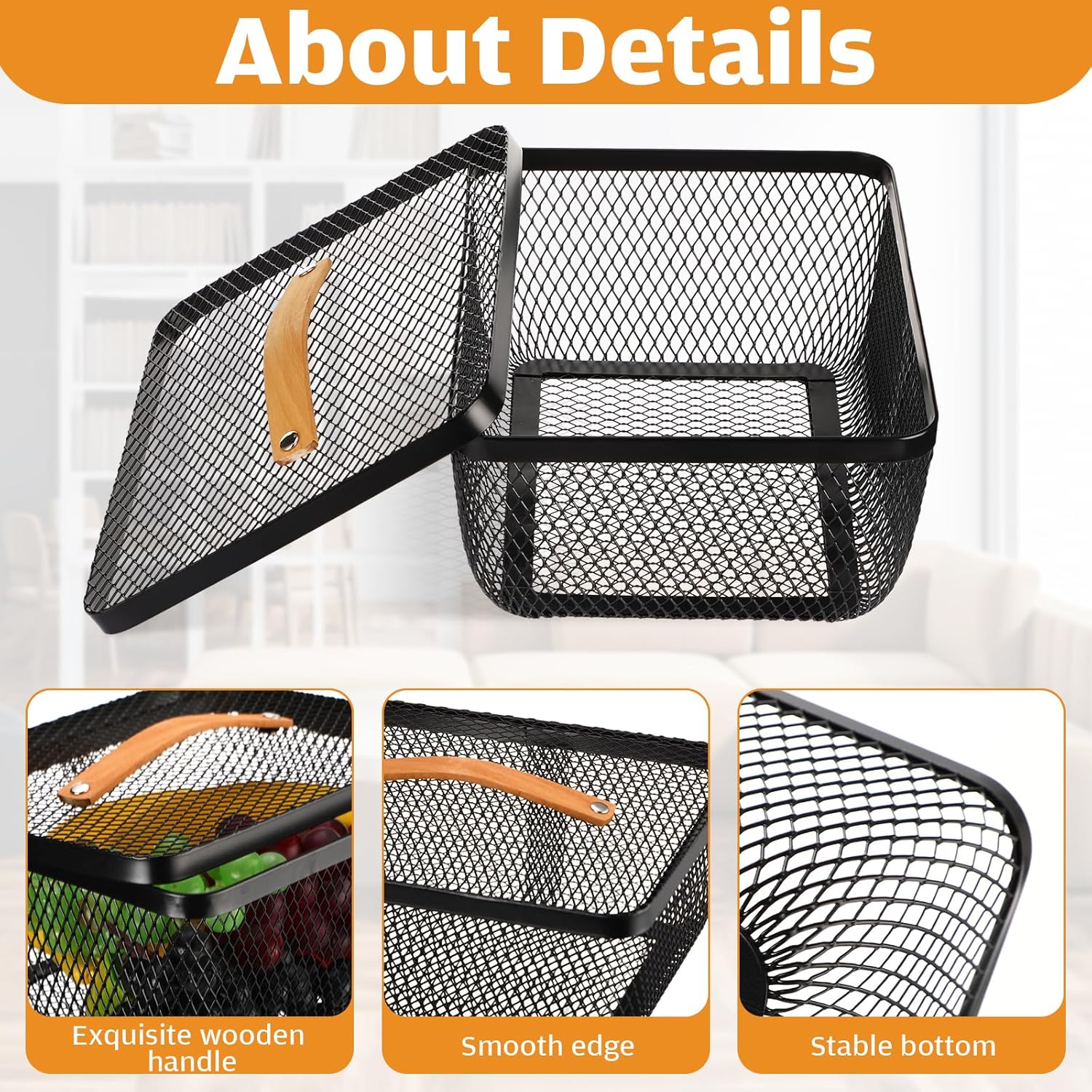 Tandefio 4 Pcs Metal Mesh Basket with Lid and Wooden Handle 9.65 x 7.68 Inch Wire Storage Basket Garden Baskets Organizer Containers for Vegetable Fruit Picnic Kitchen Bathroom(Black)