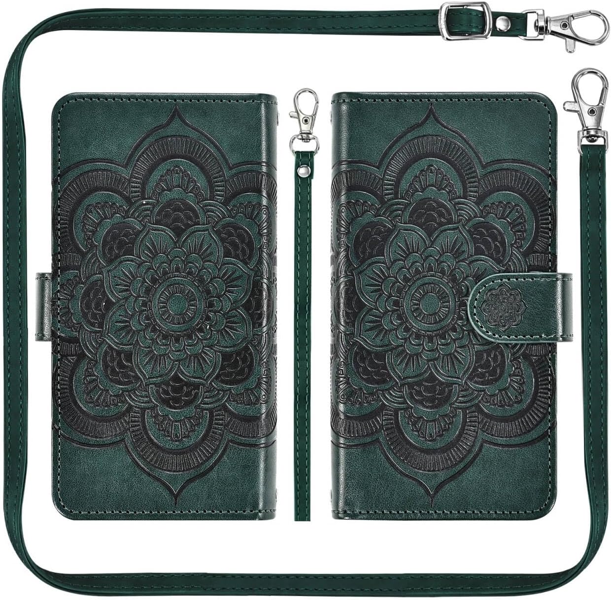 Phone Case for Samsung Galaxy A36 5G Zipper Wallet Cell Cover with Tempered Glass Screen Protector Crossbody Lanyard Strap Mandala Flower Flip Card Holder A 36 36A LTE SM-A366U Women Girls Dark Green