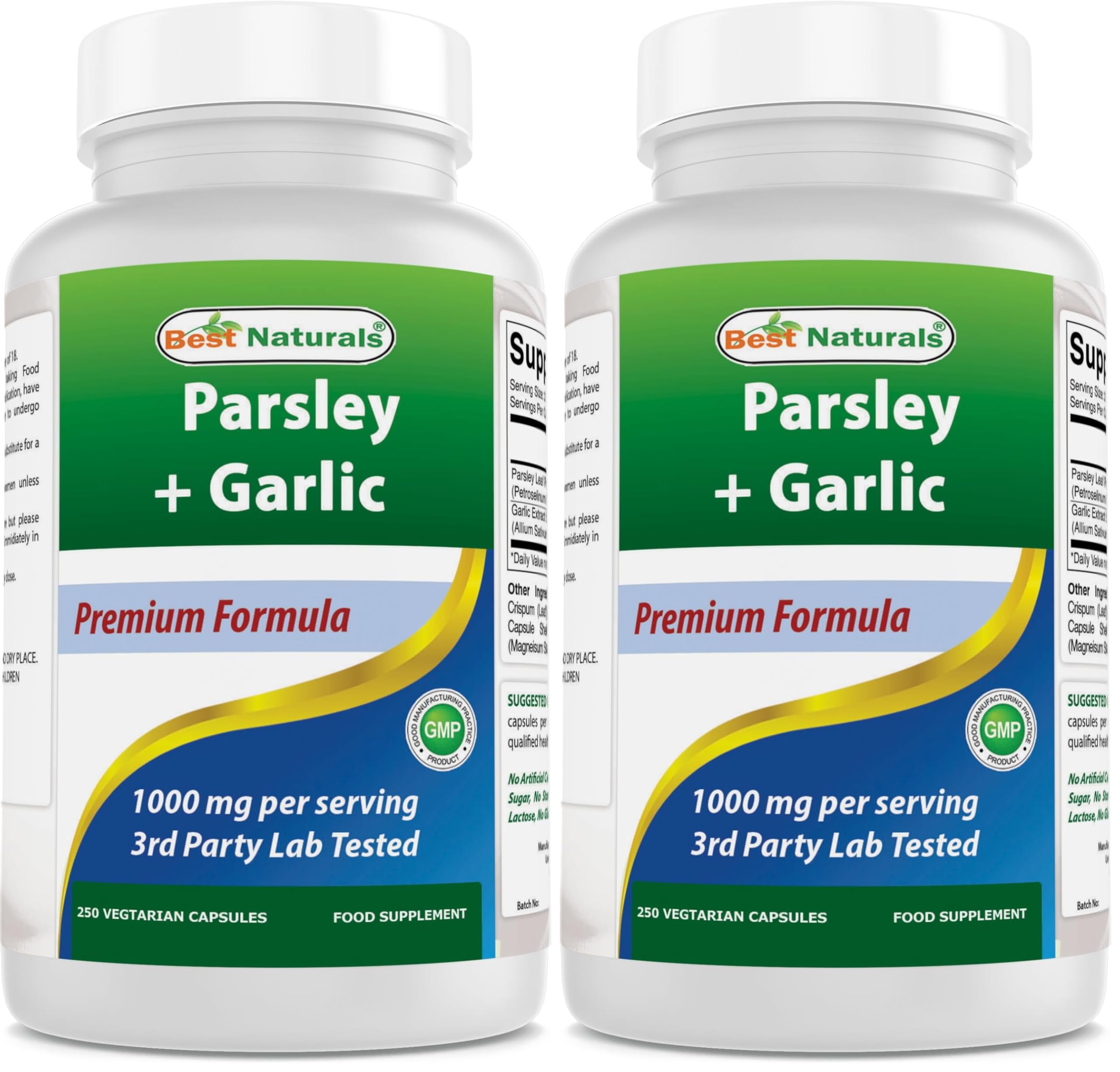 Best Naturals Parsley and Garlic 1000 mg per Serving 250 Vegetarian Capsules. Gluten Free and Non-GMO. (Pack of 2) 250 Count (Pack of 2)