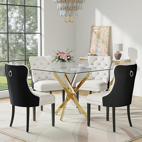 Miniatura 27 de Juego de mesa de comedor de cristal para 4 personas con mesa cuadrada de cocina de vidrio templado de 36 pulgadas, juego de comedor de 5 piezas con