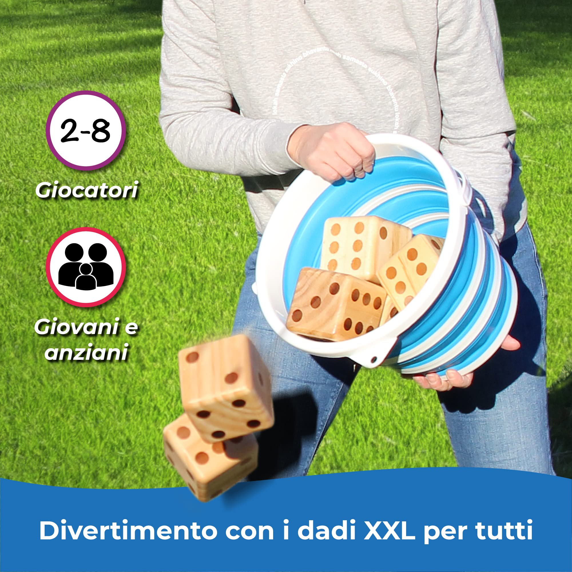 Toyfel Gioco di Dadi XXL in Legno di Pino FSC® per Bambini e Adulti | 9cm indoor e outdoor 6 giganti con scatola di trasporto incl. tabellone e matita grandezza giardino interno famiglia Chuck