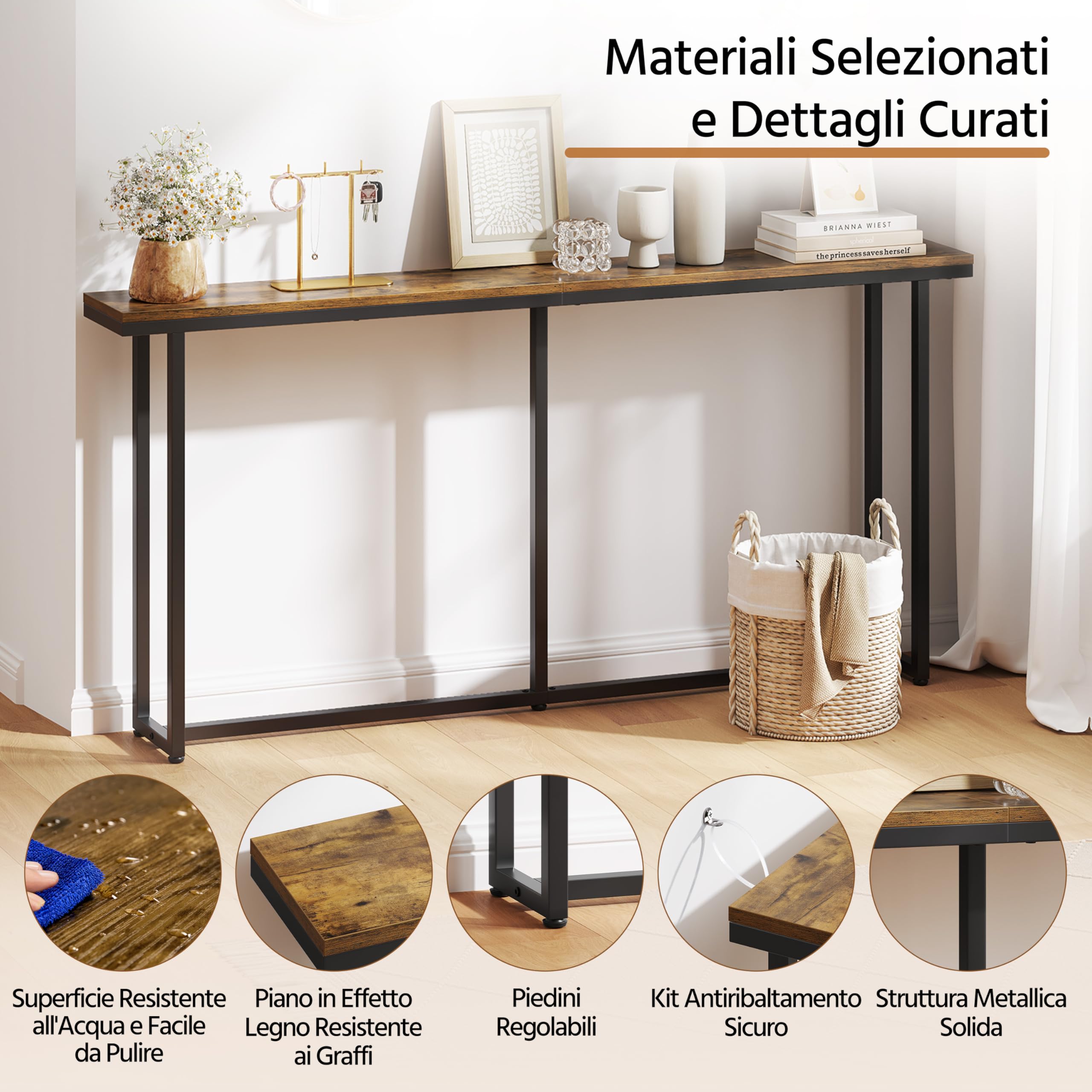 Yaheetech Tavolino Consolle da Ingresso Tavolo Console Stretto in Stile Industriale Design Compatto per Divano Corridoio Soggiorno 160 × 20 × 81 cm