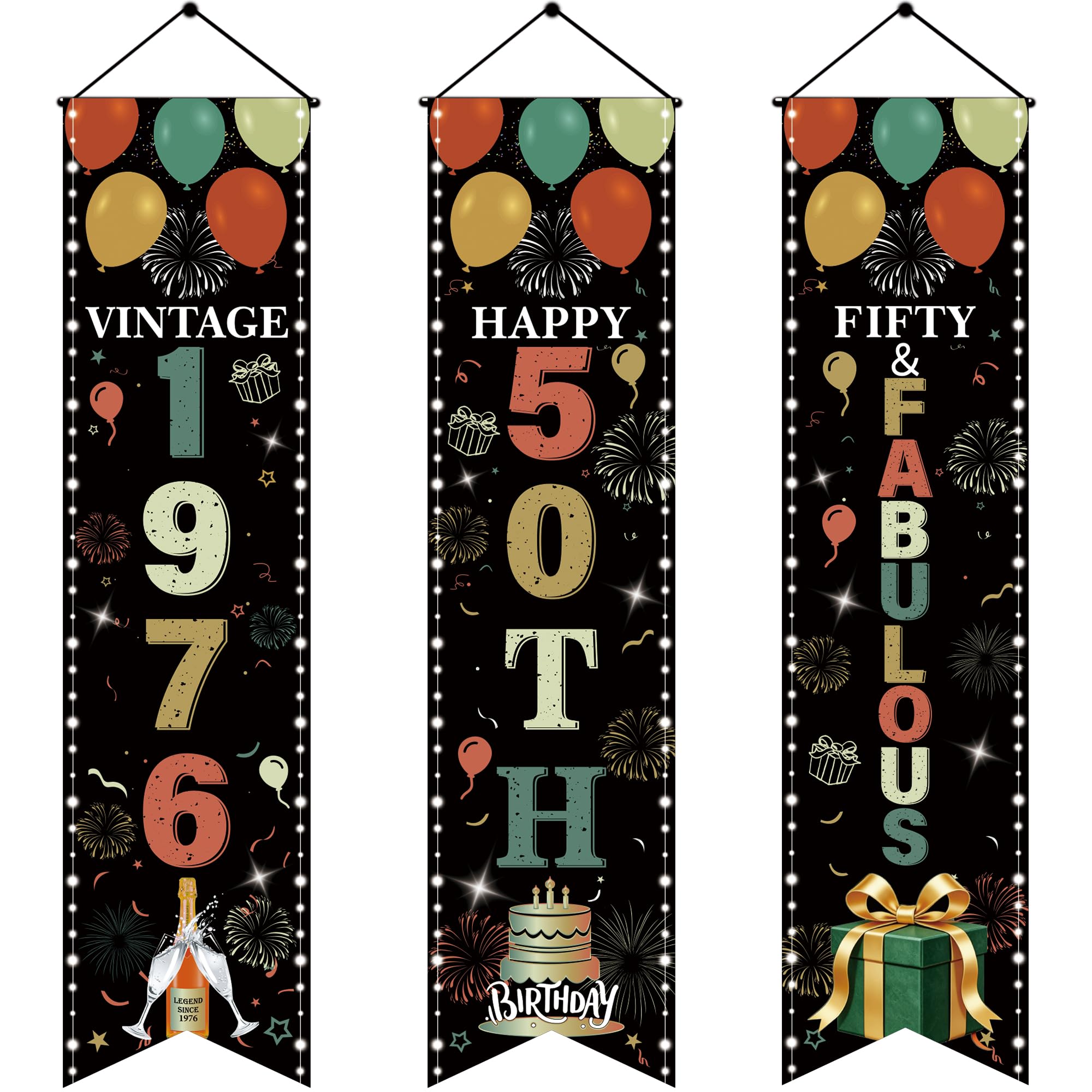 50th Birthday Decorations Door Banner - 3 PC Retro Green Vintage 1976 Banners for Cheers to 50 Years Since 1976 Sign for Photo Booth Backdrop Wall Hanging Porch Decor, 120 × 30 cm