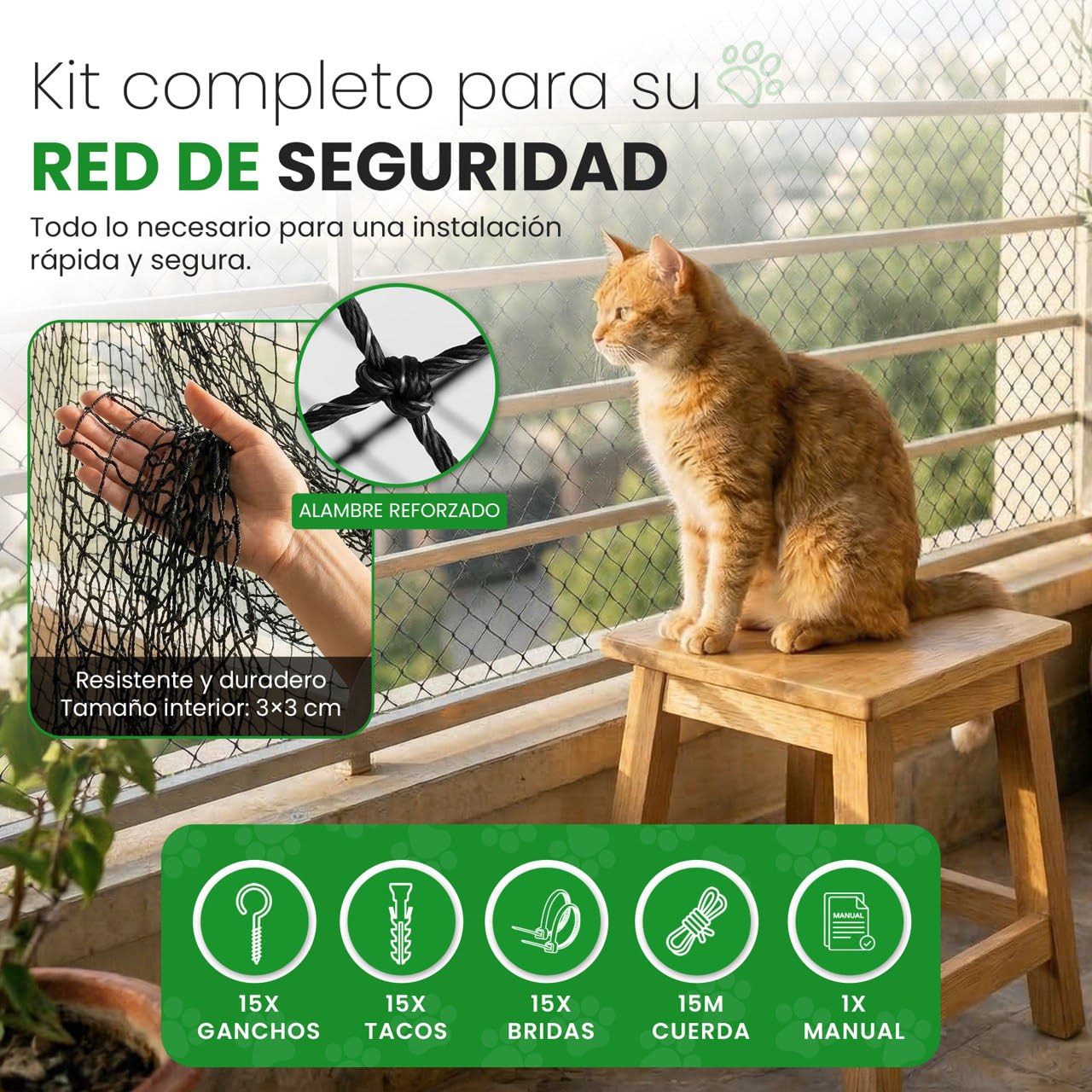 Red para Gatos Terraza 4x3m Reforzada I Malla Resistente y Duradera I Red de Proteccion para Gatos para Terraza, Balcon, Ventanas, etc.