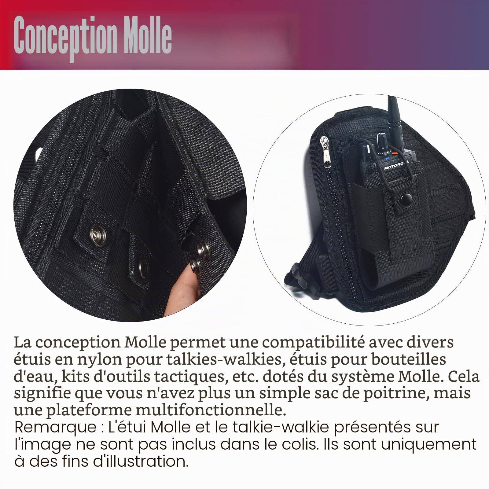 Pochette Molle Universelle, Support en Nylon avec Système Molle, Sac de Poitrine Molle pour Extérieur, Militaire, Équipement de Randonnée