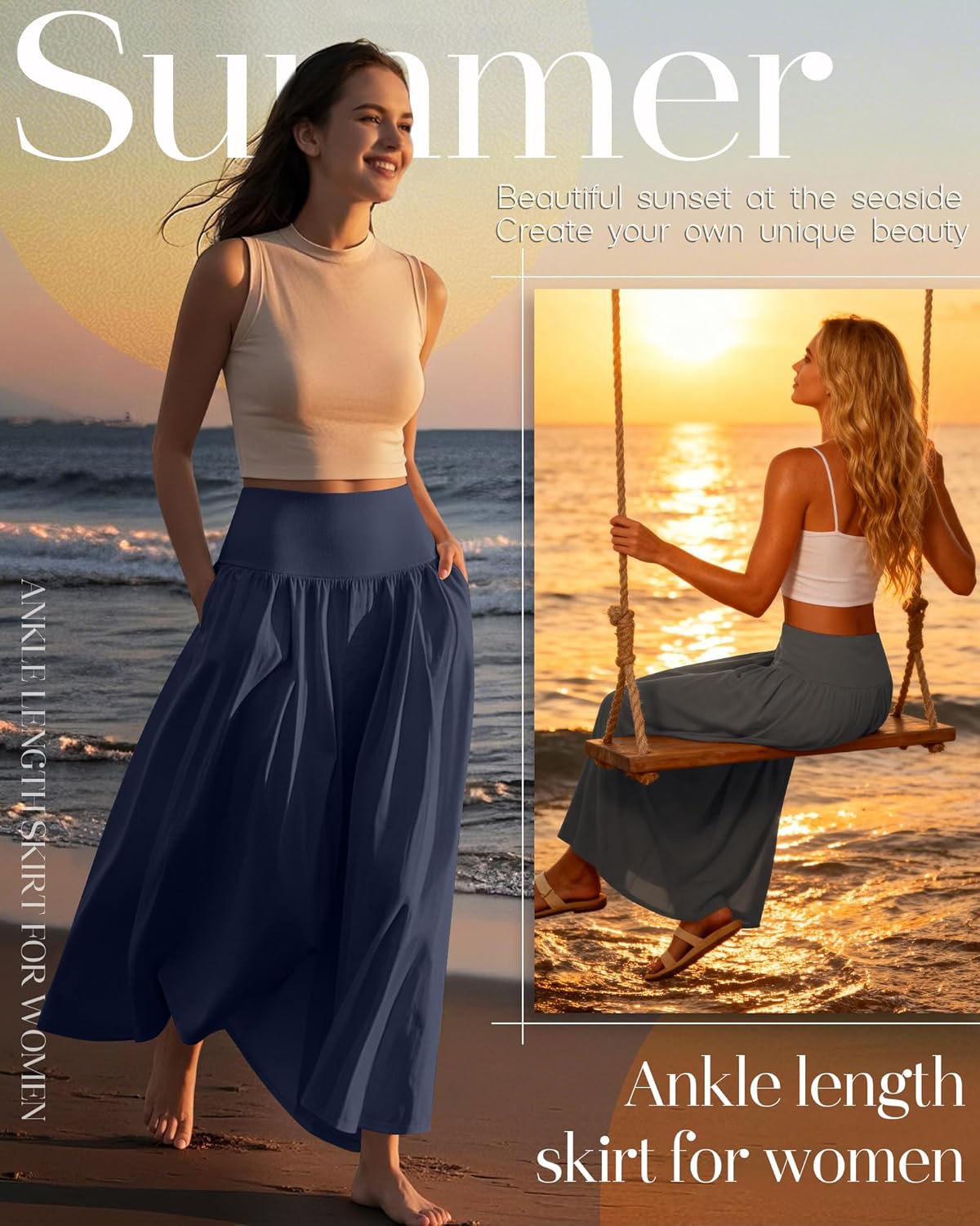 Ficerd 3 Pack Maxi Long Skirts for Women, Ankle Length High Waisted Pleated Flowy a Line Summer Casual Skirts with Pockets - Image 4