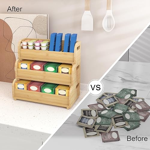 Miniatura 5 de Wisuce Organizador de té para bolsas de té, organizador de té de bambú para bolsas de té, apilable de 3 niveles, montaje en pared, caja de