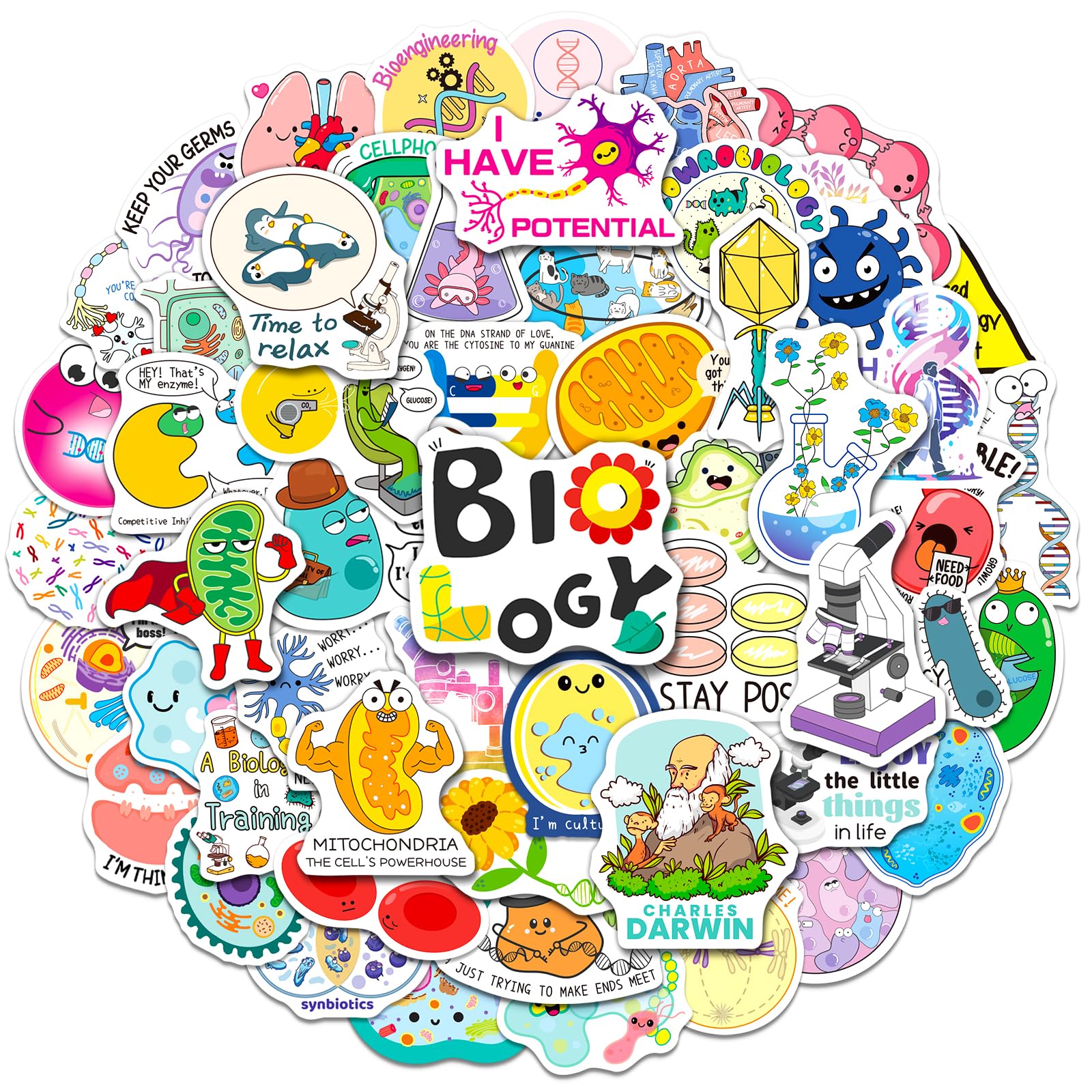 YTSQLER 200 PCS Biology Stickers, Biology Vinyl Stickers for Kids Teens Teachers Students Adults, Biological Microbiology Decals for Laboratory Water Bottle Laptop
