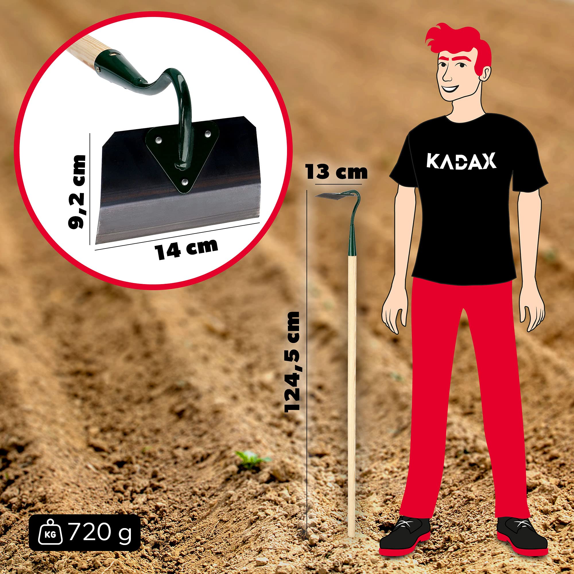 KADAX Bêche, Bêche de Jardin en métal, Bêche à Mauvaises Herbes avec Long Manche en Bois, Accessoire de Jardin pour enlever Les Mauvaises Herbes, Bêche pour ameublir, aérer et désherber Le Sol (14cm)