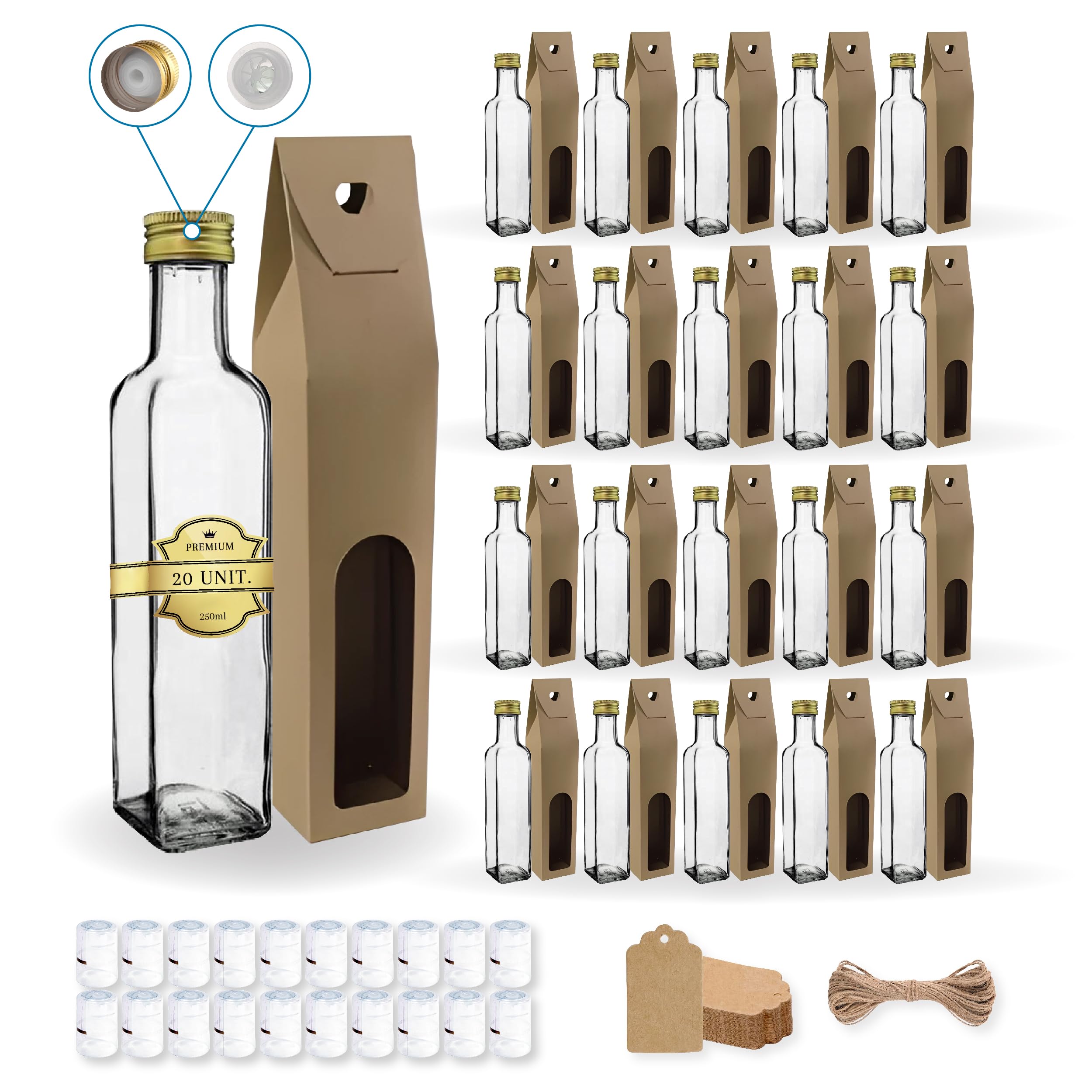 20 bottiglie in vetro da 250 ml con tappo a vite dorato con beccuccio versatore + 20 scatole + 20 sigilli + 20 etichette Kraft + spago | olio d'oliva, aceto, alcol, salse | olio di vetro