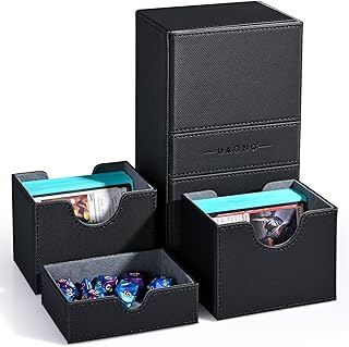 UAONO Card Deck Box for MTG Yugioh,Premium TCG Card Storage Box with 3 Tray Fits 200+ Double Sleeved Cards,Sideload Deck Cace Holder for Magic Commander Trading Cards(Black)