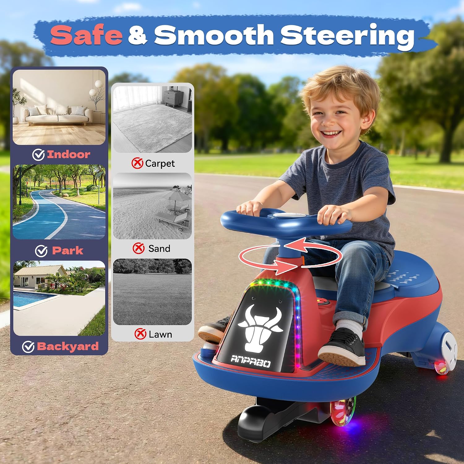 ANPABO 6V 7AH Electric Wiggle Car Blue-75W Motor, 2 Speed, Rechargeable Battery, Bluetooth & Music, LED Lights, Soft Start, Light-up Wheels, Anti-Rollover, for Ages 3+, 150 Lbs