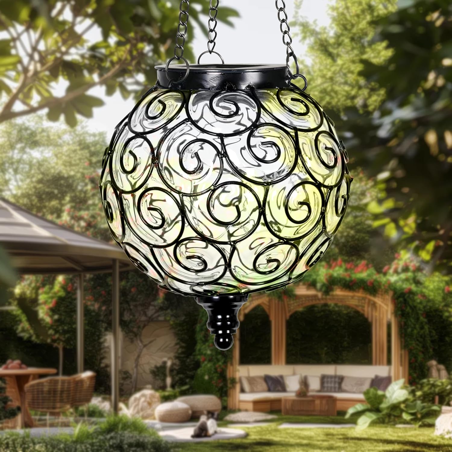 Solar Hanging Lantern Outdoor Garden Lights, Round Glass and Metal Hanging Lantern, 15 Firefly LED Lights, 7 x 20 Inch (Clear)