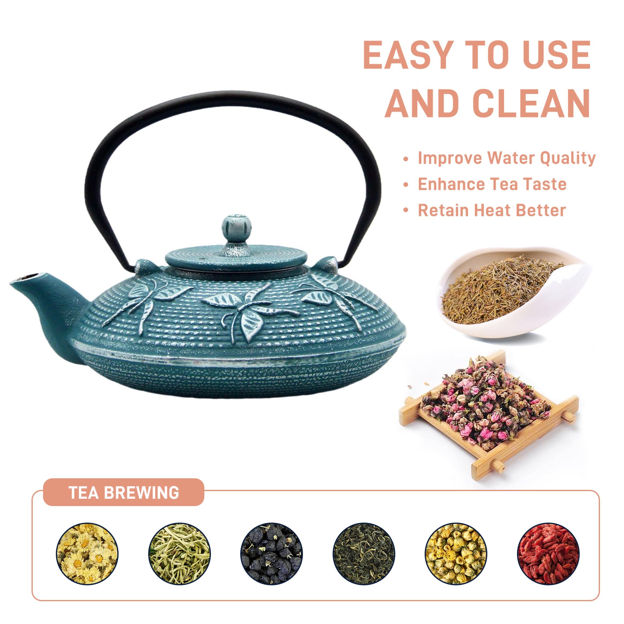 Tetera de hierro fundido, tetera SECHUDO recubierta con interior esmaltado para té suelto, tetera de hierro fundido con infusor de acero inoxidable para estufa segura (27 onzas, patrón 2)