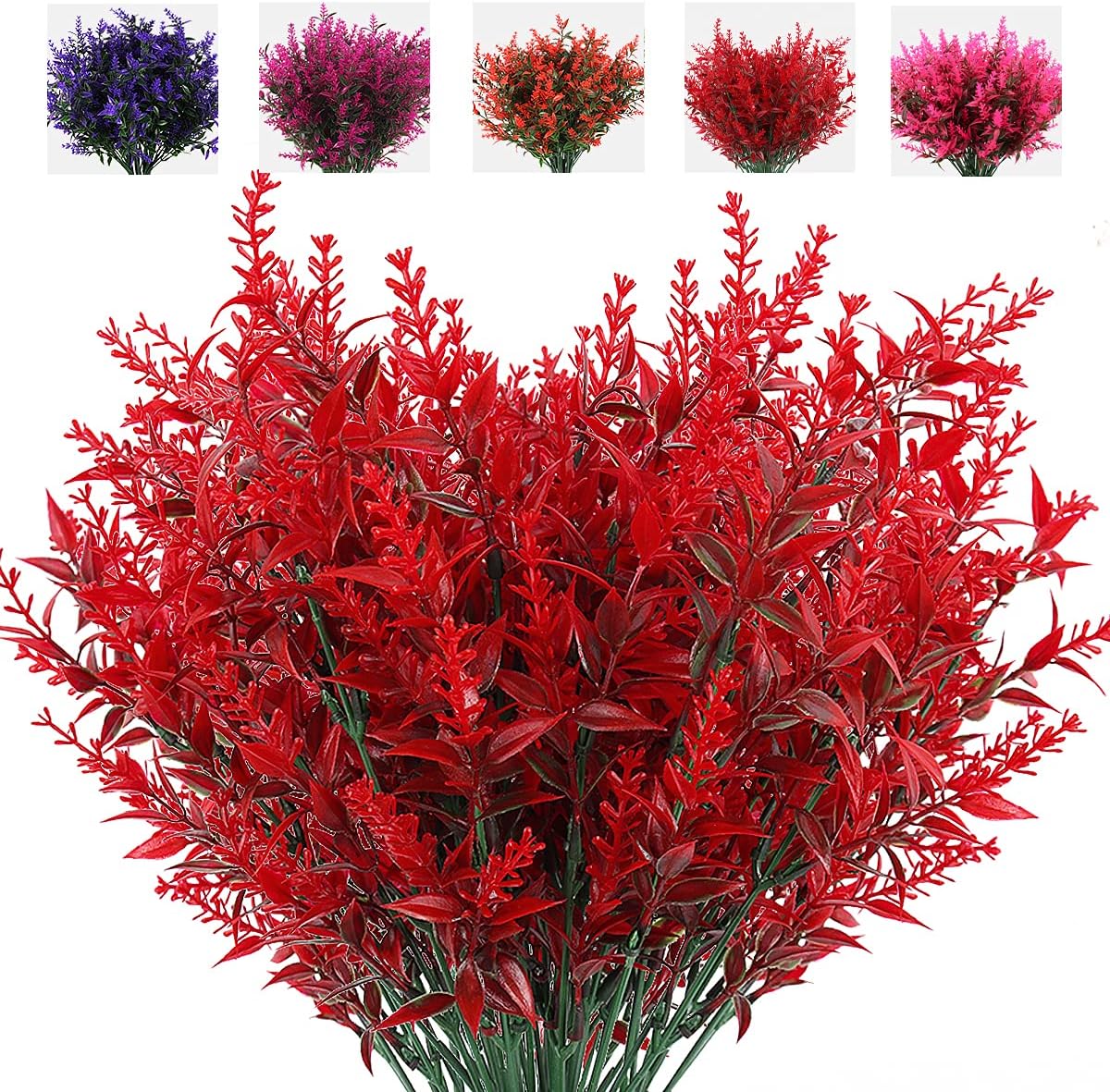 RECUTMS Artificial Outdoor Flowers, 8pcs Faux Outdoor Plant Plastic Lavender Bouquet,UV Resistant Flowers,Spring Decor,Lifelike Natural Fake Plant to Brighten Up Your Home (Red)