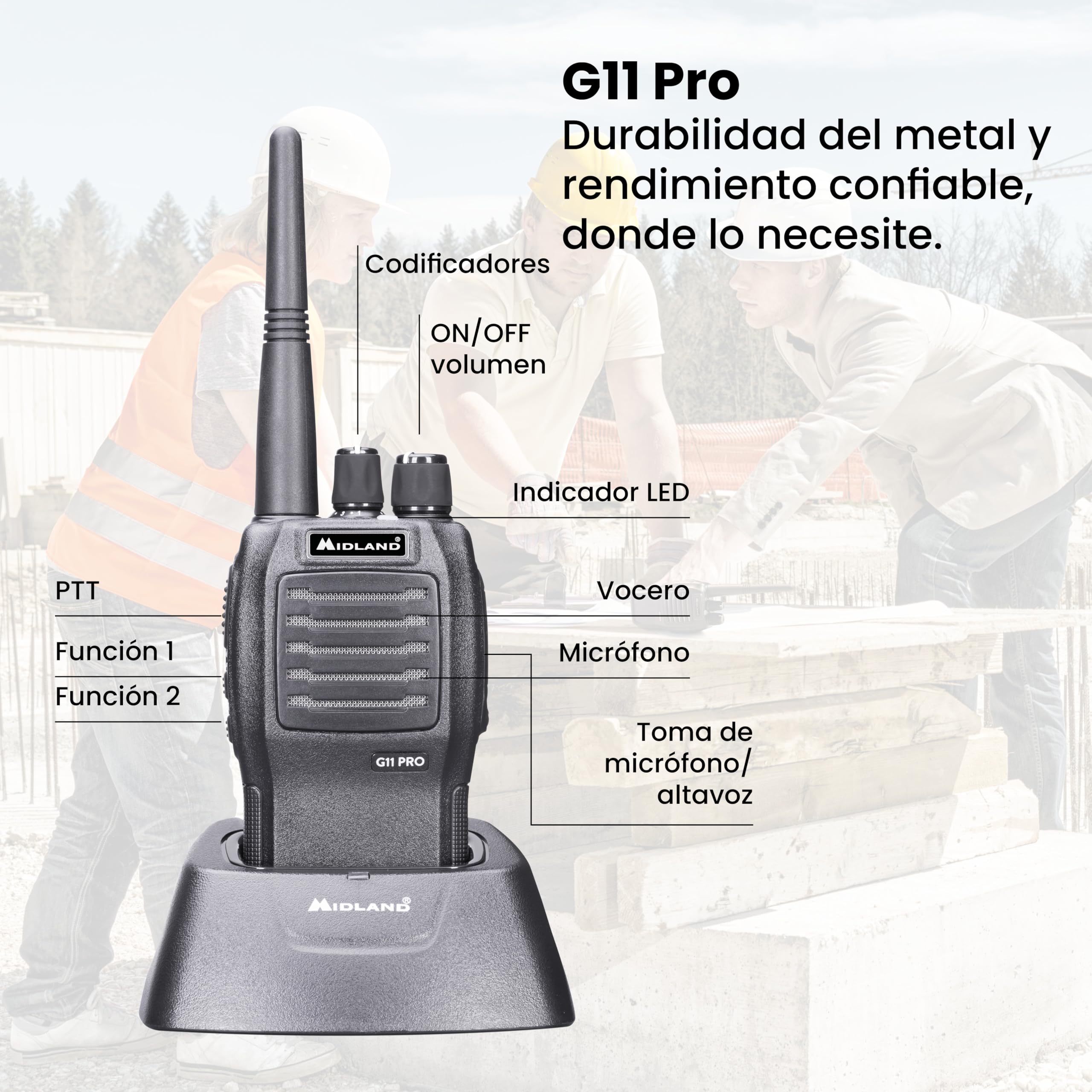 Midland- Walkie Talkie Profesional Largo Alcance G11 Pro, Radioaficionado 32 Canales PMR446, Batería Li-Ion 1600mAh Pilas Recargables y Accesorios, Autonomía 22H, Cobertura 12Km, VOX, 2 Pines Kenwood