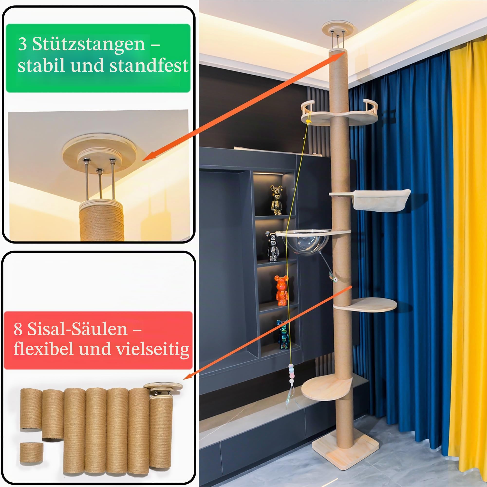 Verstellbarer Decken-Katzenbaum (125–300 cm) – 5 Etagen Katzenkratzbaum aus Hanf | Stabiler Aktivitätsbaum für Indoor & Outdoor Nutzung