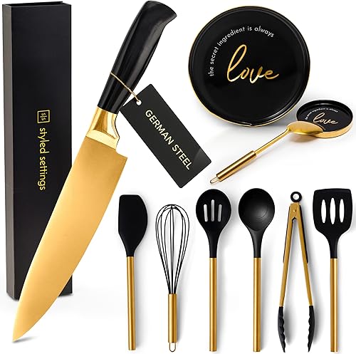Juego de utensilios de cocina negros y dorados, paquete de 8 piezas, incluye cuchillo de chef y soporte para cuchara, herramientas de cocina de