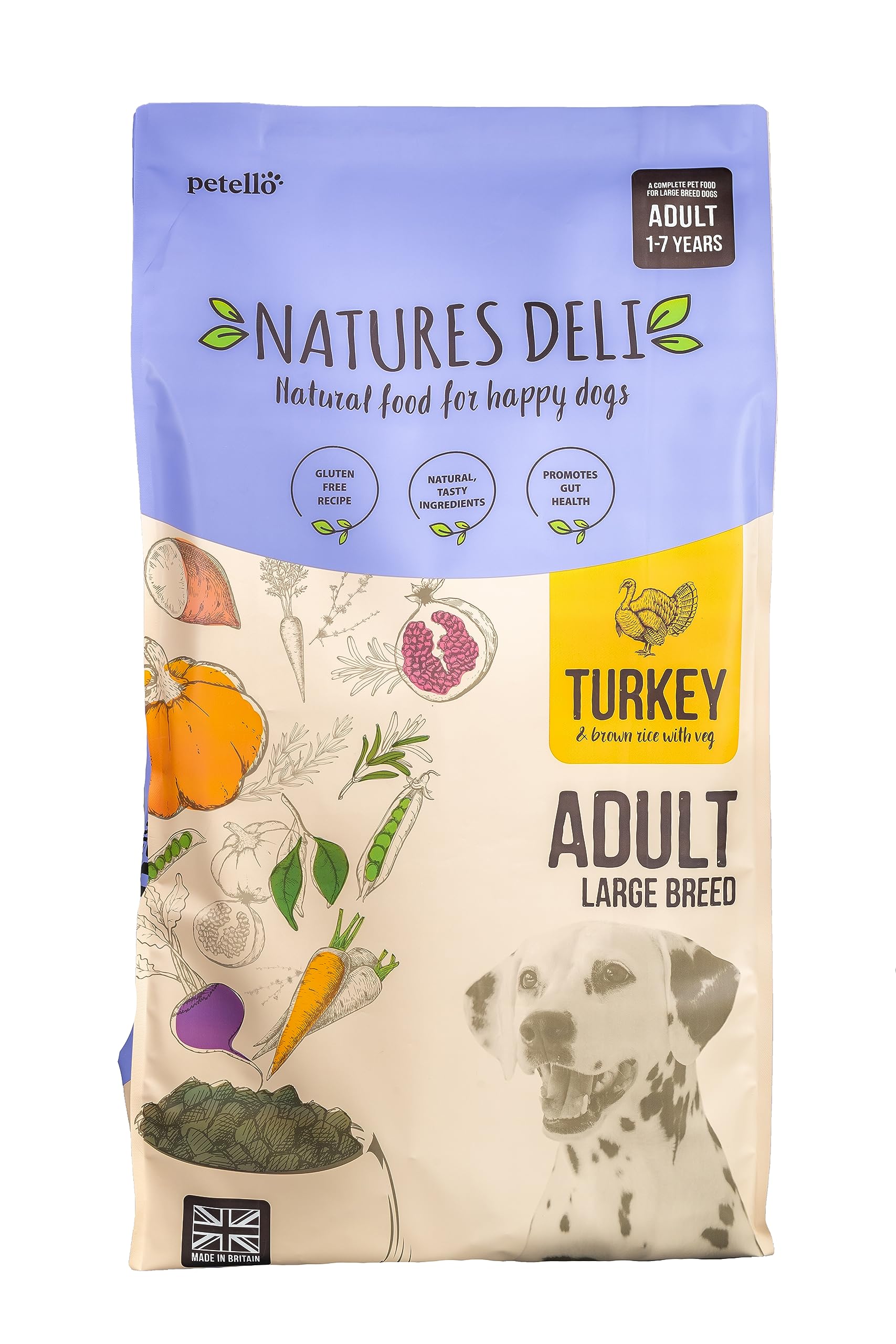 Natures Deli Dry Dog Food for Large Breed Adult Dogs, Natural Complete Hypoallergenic Food for Dogs, Turkey and Rice - 12 kg