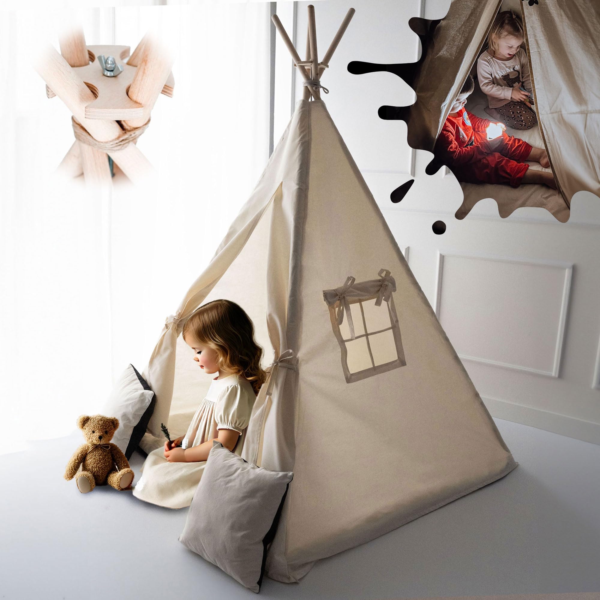 PaLulli® Tente tipi pour enfant en 100 % coton avec tapis douillet, système anti-collaps, stable, lampe suspendue de camping et 2 coussins décoratifs, tente de jeu Tippi, tente de jeu, beige