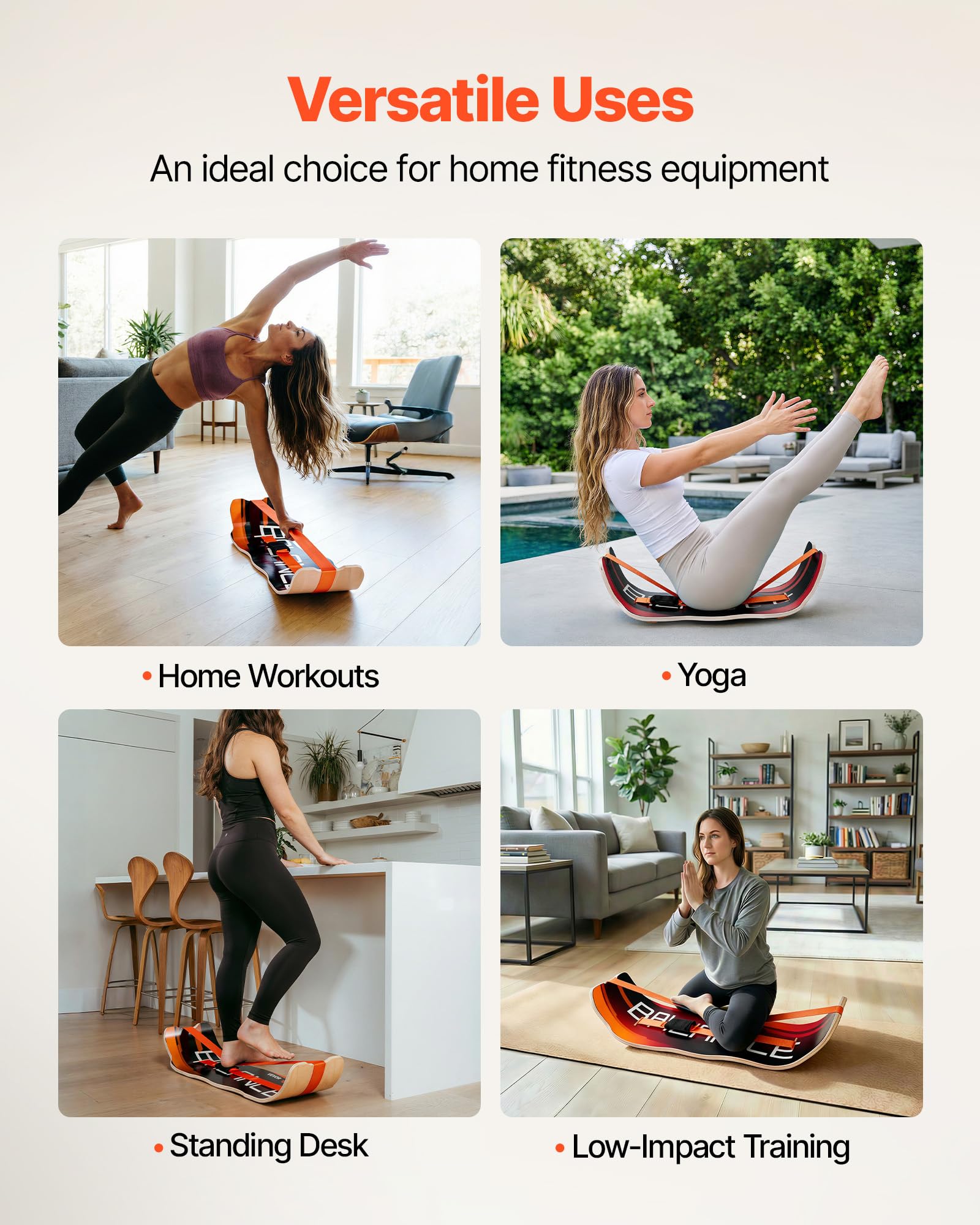 VEVOR Balance Board für Erwachsene (107 cm), Wackelbrett bis 200 kg Belastbar, Gebogenes Balance-Trainingsgerät mit Gurt für Core-Workouts Stehpultübungen Heim-Fitnessstudio Yoga, Orange Schwarz