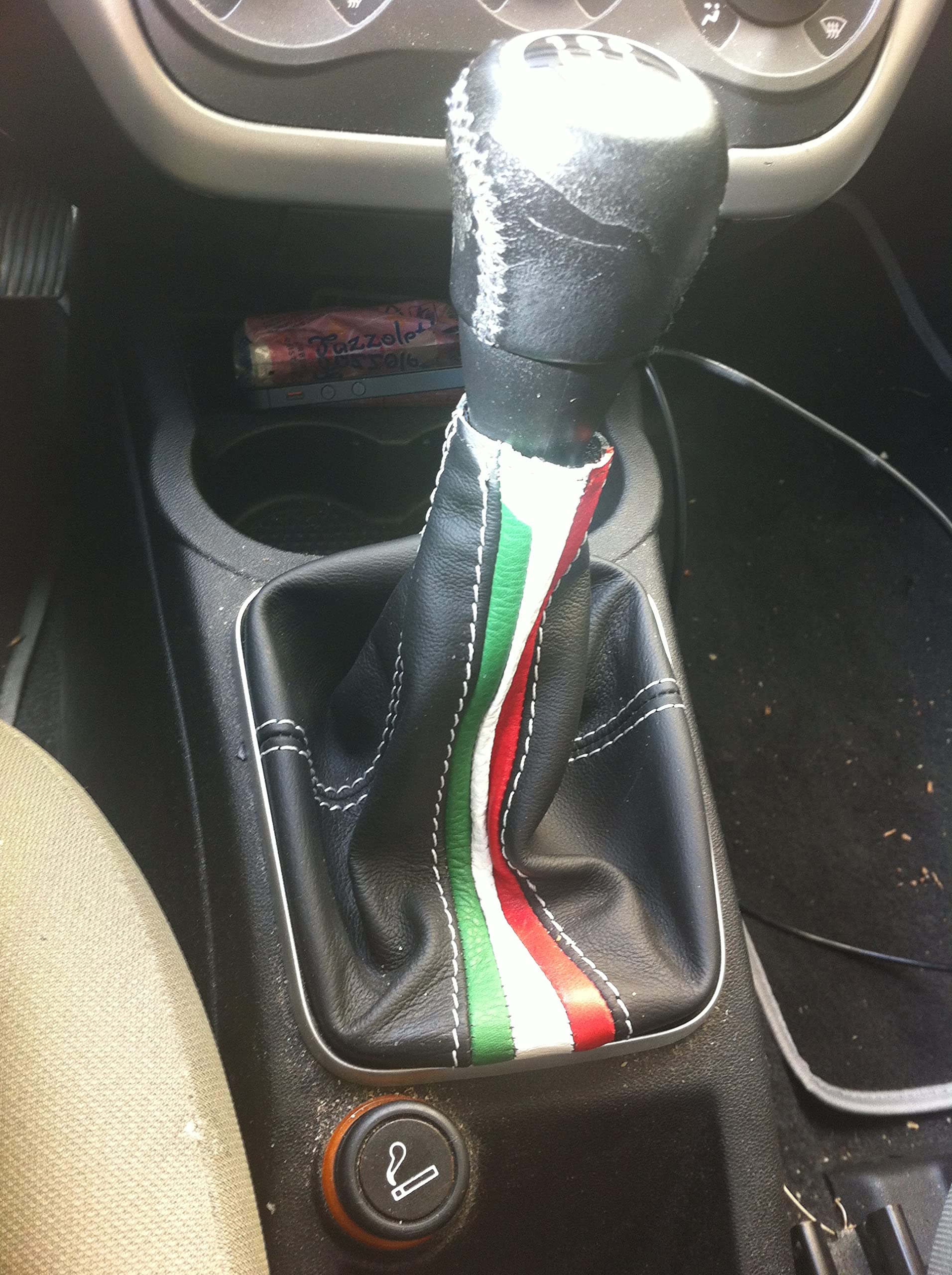 cuffia cambio compatibile Grande Punto Evo vera pelle nera + tricolore cuciture grigie
